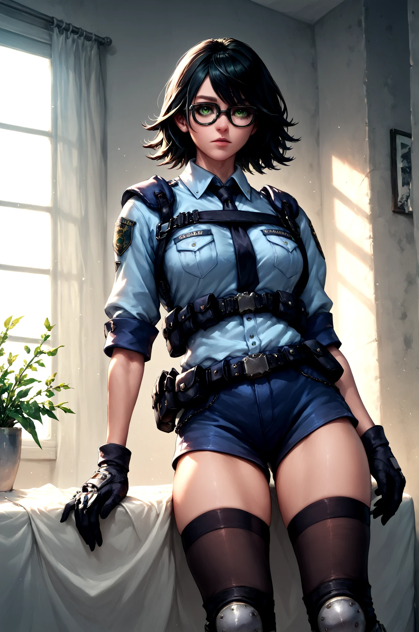 score_9,score_8_up,score_7_up,  <lora:MarieWentz100steps16Dim-000005:0.6> marie_wentz, black_hair, police_uniform, glasses, shorts, knee_pads, green_eyes, thighhighs, gloves, , (high quality, detailed, beautiful)