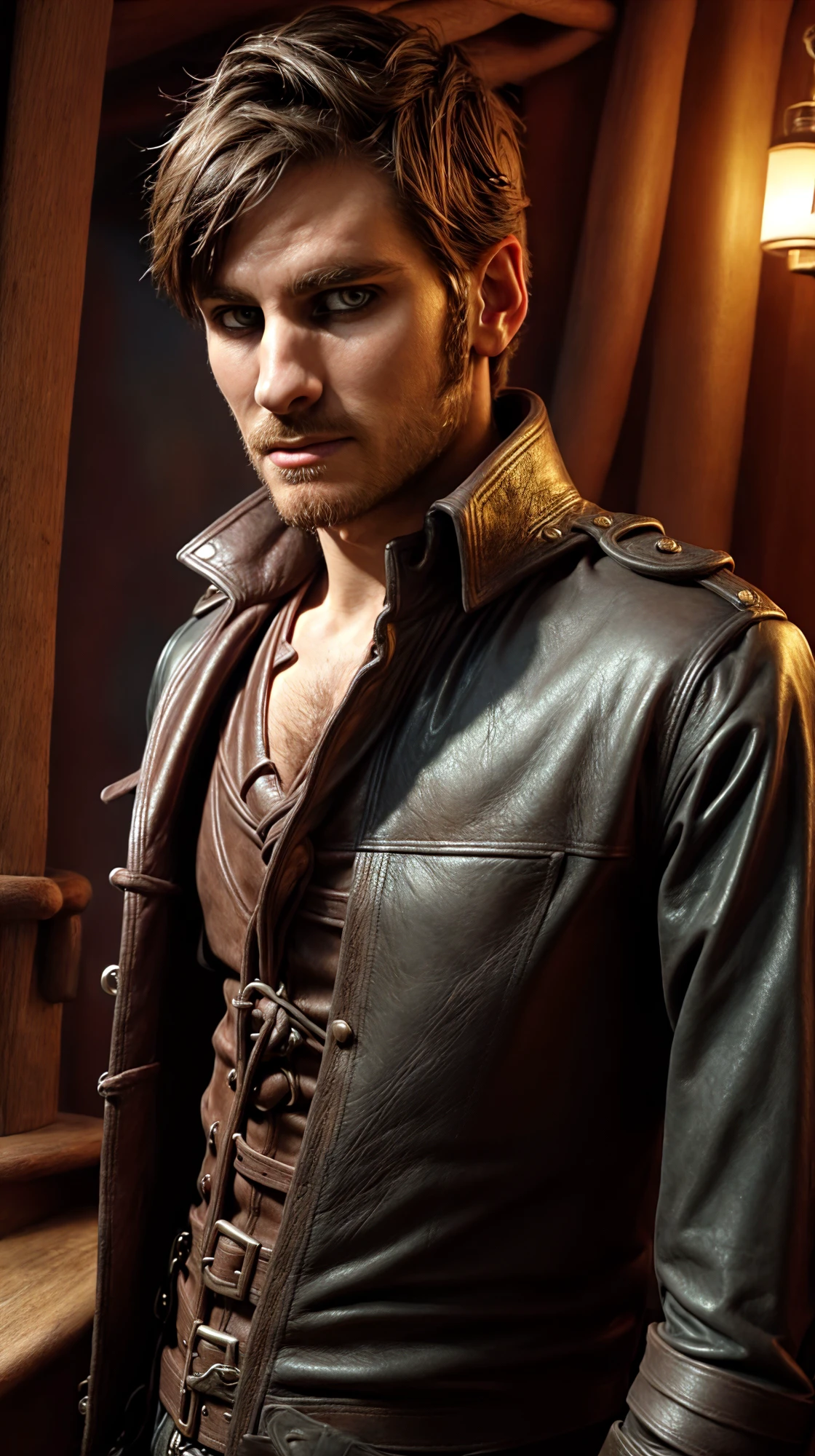 (masculine:1.3), handsome face, (face and upper body shot), (((short hair:1.3))), on wooden ship:1.2, wearing leather pants, (guy wearing pirate leather coat and shirt:1.2), confident, handsome, (((masterpiece))), (((best quality))), <lora:more_details:0.5>, (short hair), male, CaptainHookKillian, <lora:CaptainHookKillian (1):1>