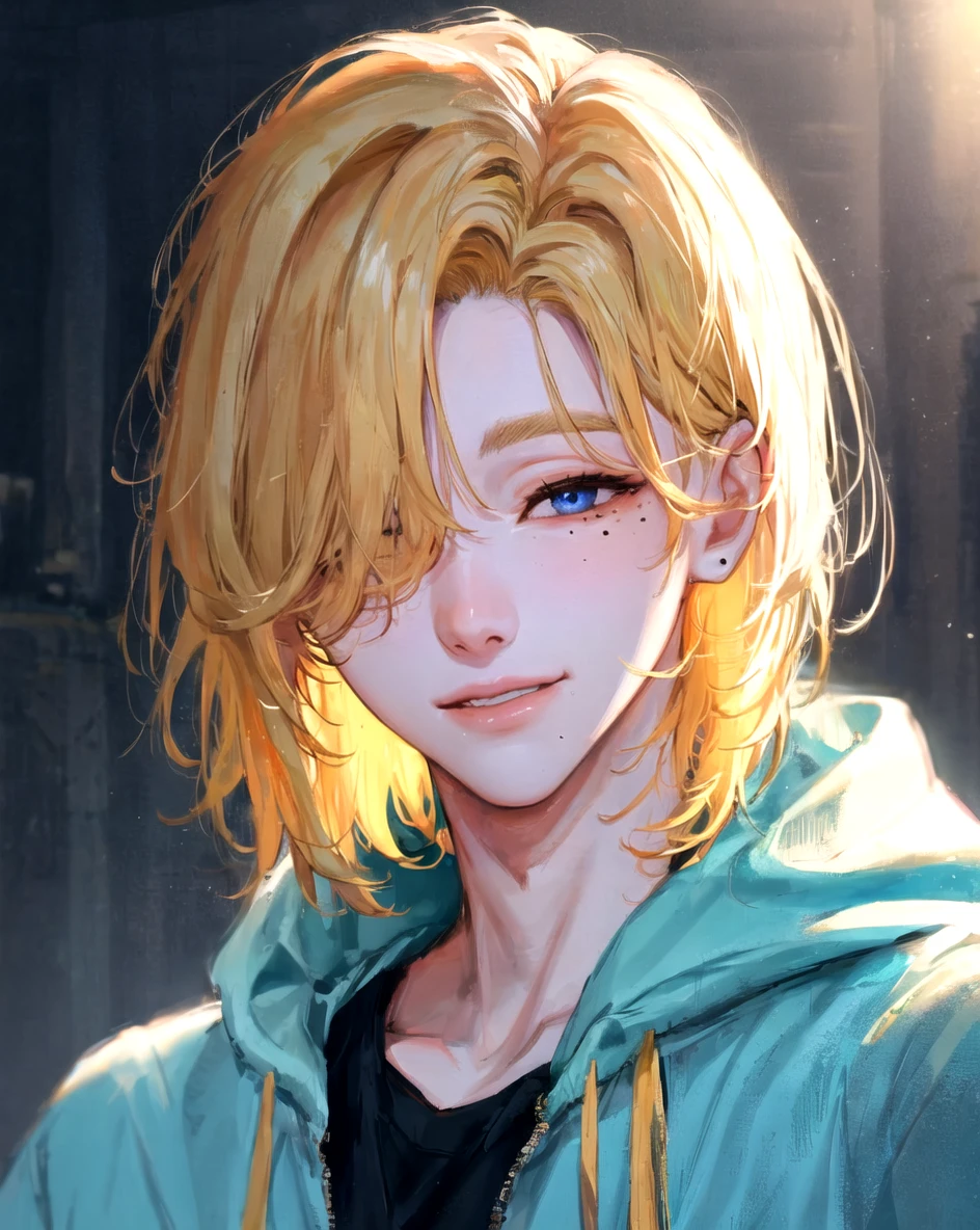 masterpiece, best quality, highly detailed background, perfect lighting, ((masterpiece)), depth of field, cinematic lighting, 1boy, Noah, blonde hair, mole under eye, mole, hoodie, blue eyes, upper body, hair over one eye, smile, parted bangs, medium hair, <lora:more_details:0.1>, <lora:Noah:1>