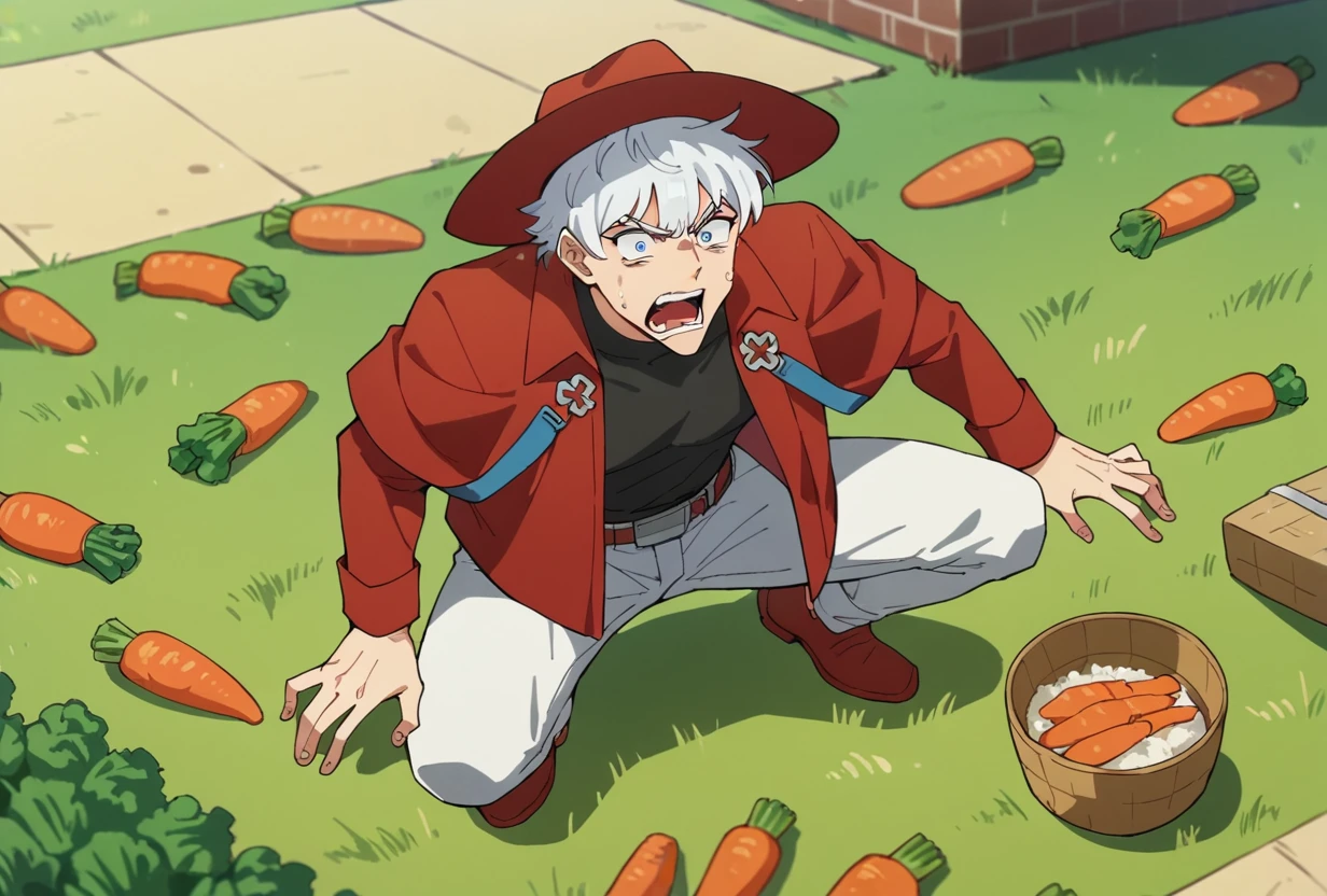 score_9, score_8_up, score_7_up, ronaldoVDNT, 1boy, solo, white hair, blue eyes, red hat, red jacket, black shirt, belt, white pants, squatting, spread legs, celery, vegetables, scared, scream, freaking out, rice field