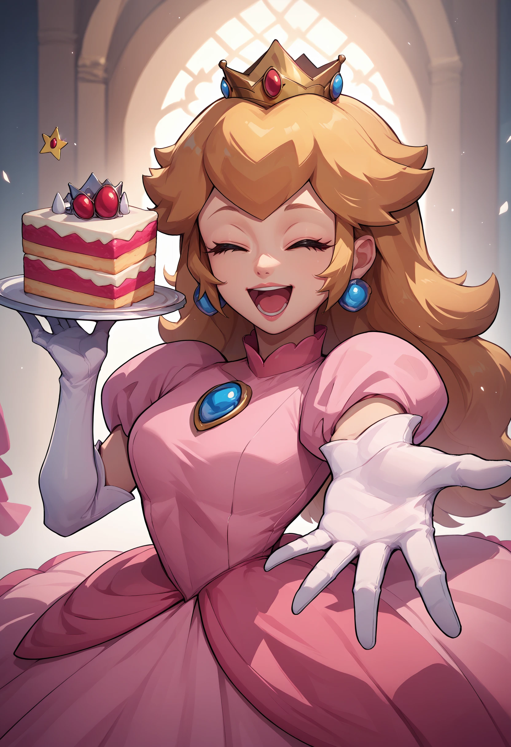 score_9, score_8_up, score_7_up, source_anime, 1girl, beckoning, reaching towards viewer, <lora:Beckoning_XLPD:1>, happy, open mouth, eyes closed, holding cake, <lora:PrincessPeach_XLPD:0.8>, princess peach, pink dress, elbow gloves, crown,