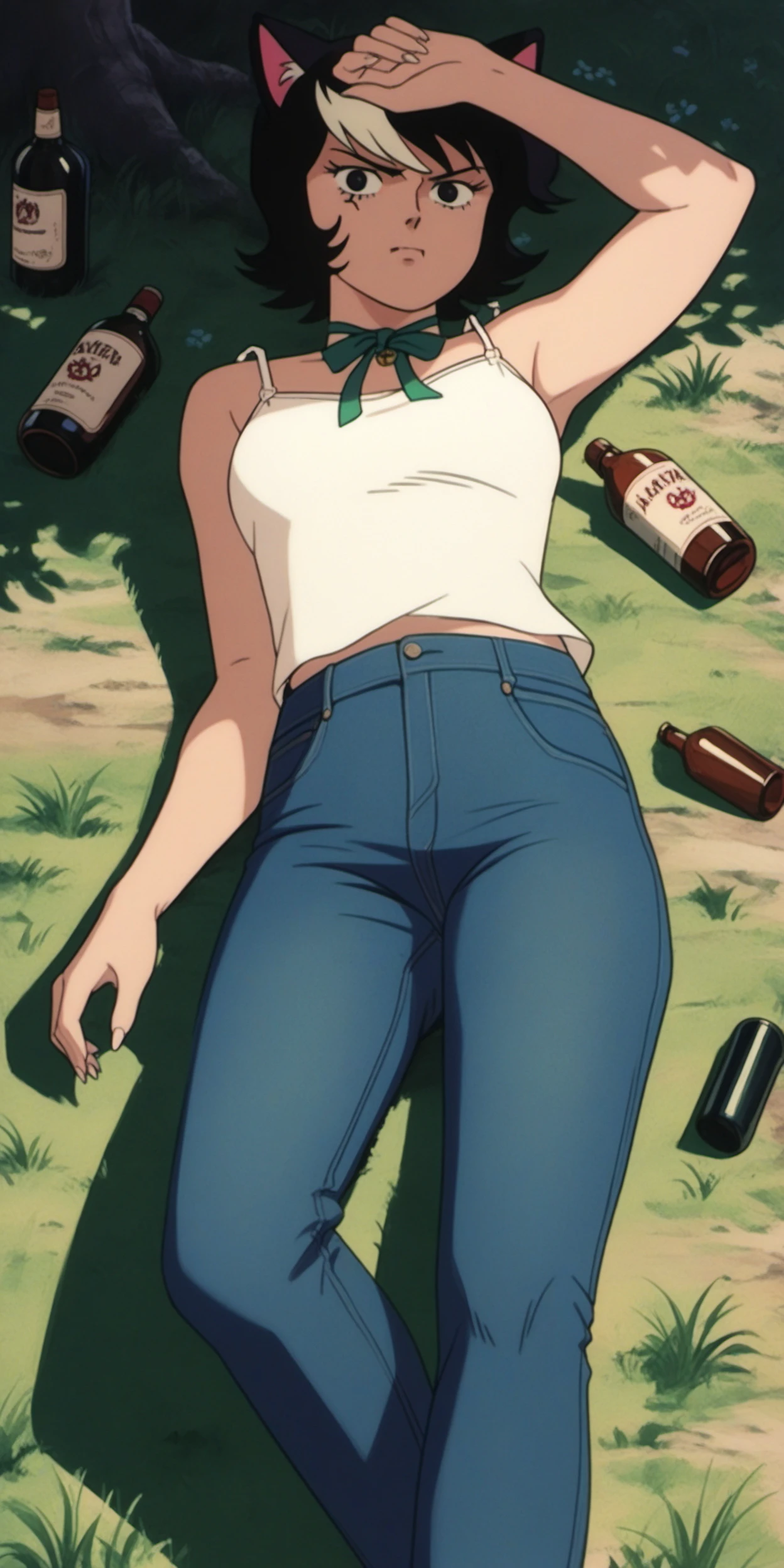 DZVZVZ, score_9, score_8_up, score_7_up, score_6_up, source_anime, solo, 1girl, catgirl, black eyes, anger vein, mizura, streaked hair, camisole, jeans, neck ribbon, on back, bottle, outdoors, aqueduct