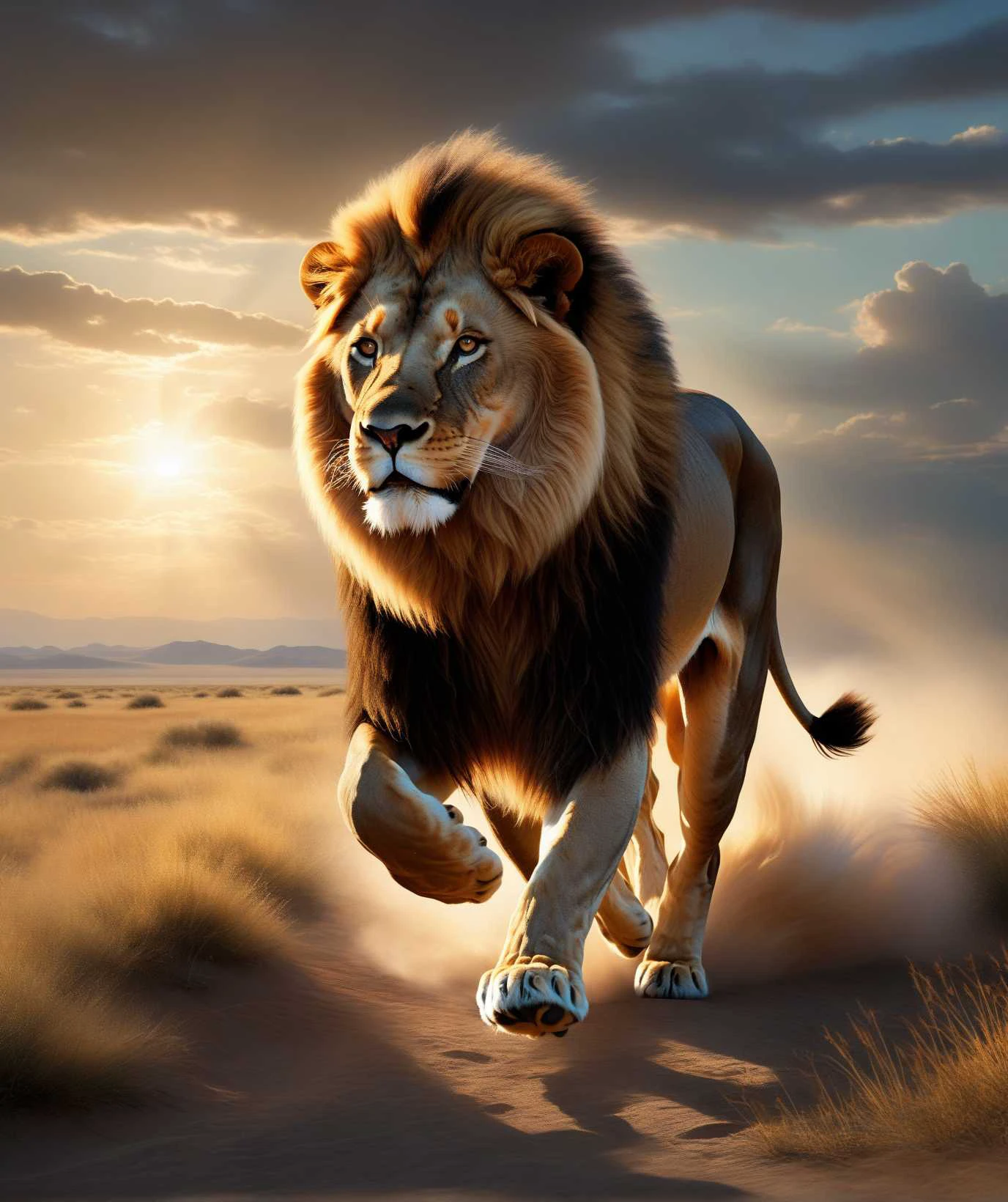 Realistic painting of a male lion galloping powerfully across a vast steppe, with dynamic ray tracing capturing the sunlight filtering through an expansive sky, by artists inspired by the detail and lifelikeness of George Stubbs and the dynamic compositions of Frederic Remington, cinematic composition, trending on ArtStation
BadDream, anzhcdreamwave, aesthetic, glowneon, glowing, sparks, lightning