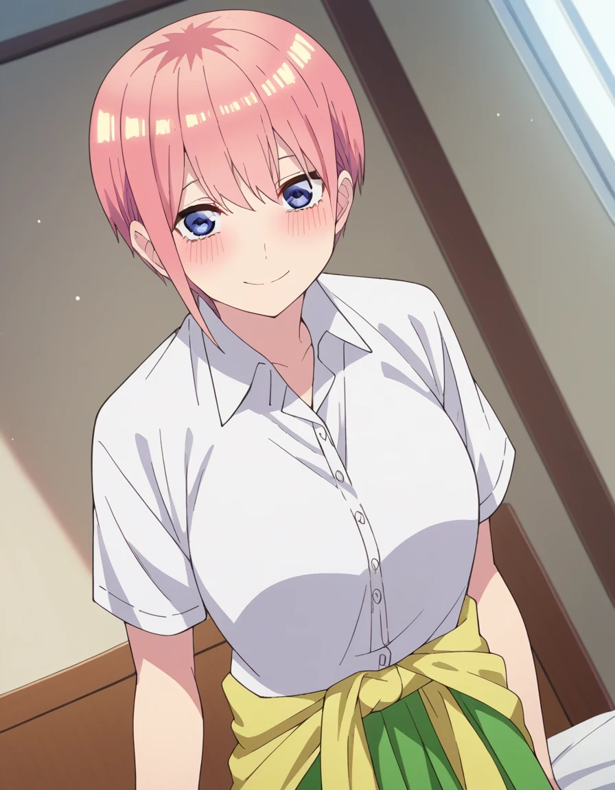 score_9, score_8_up, score_7_up, source_anime,
ichikanakano, <lora:ichika-nakano-s2-ponyxl-lora-nochekaiser:1>, 
ichika nakano, short hair, bangs, blue eyes, hair between eyes, pink hair, pixie cut, smile, mature female,
skirt, shirt, school uniform, white shirt, short sleeves, pleated skirt, collared shirt, sweater, green skirt, clothes around waist,
indoors, bed, bed room, on side, blush, drunk,
looking at viewer, cowboy shot, solo, dutch angle,