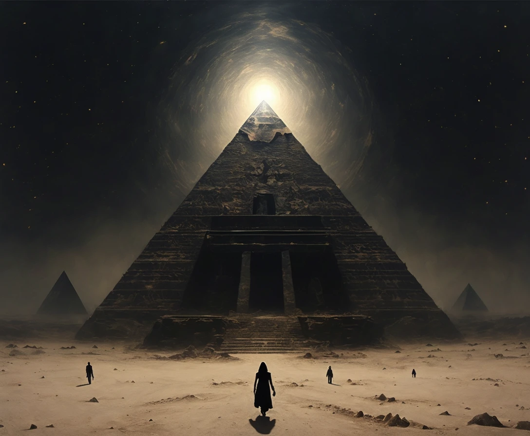 a pyramid in the desert with people walking around it, surreal dark art, cloudy and mystical, hip - hop album art cover, memory trapped in eternal time, golden dawn, ((dark fantasy, as above so below, album artwork, beyond time  <lora:ArraSketchVol1.SDXL_epoch_10:1> <lora:d4rk01lXLP:1> d4rk01l