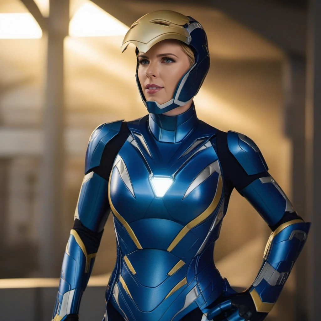 cinematic photo Scarlett Johansson in a blue and yellow suit with a mask<lora:Mark49-1024:0.8> . 35mm photograph, film, bokeh, professional, 4k, highly detailed