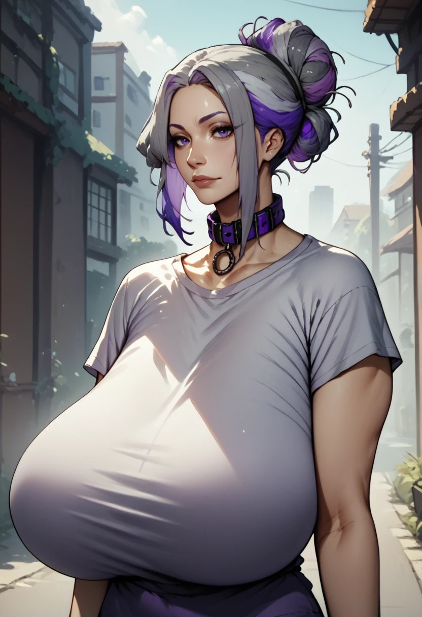 score_9, score_8_up, score_7_up, score_6_up, BREAK,
<lora:PulenKompot-SivkaXL:0.8> sivka, hair bun, gigantic breasts, multicolored hair, grey hair, purple hair, purple eyes, t-shirt, collar <lora:PulenKompot-Kurotama Style-PonyXL:1> kurotama