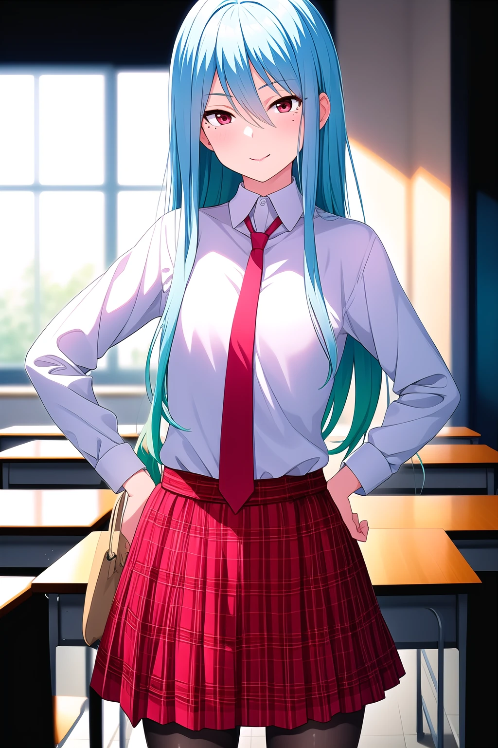 (masterpiece, best quality), highly detailed background, perfect lightingbest quality, kayashimaotome, solo, indoors, classroom, serious, light blue hair, hair between eyes, very long hair, red eyes, mole under eye, small breasts, red necktie, white shirt, long sleeves, hands on hips, red skirt, plaid skirt, black pantyhose, school uniform, light smile, closed mouth, pink lips, <lora:Kayashima-Otome:0.7>