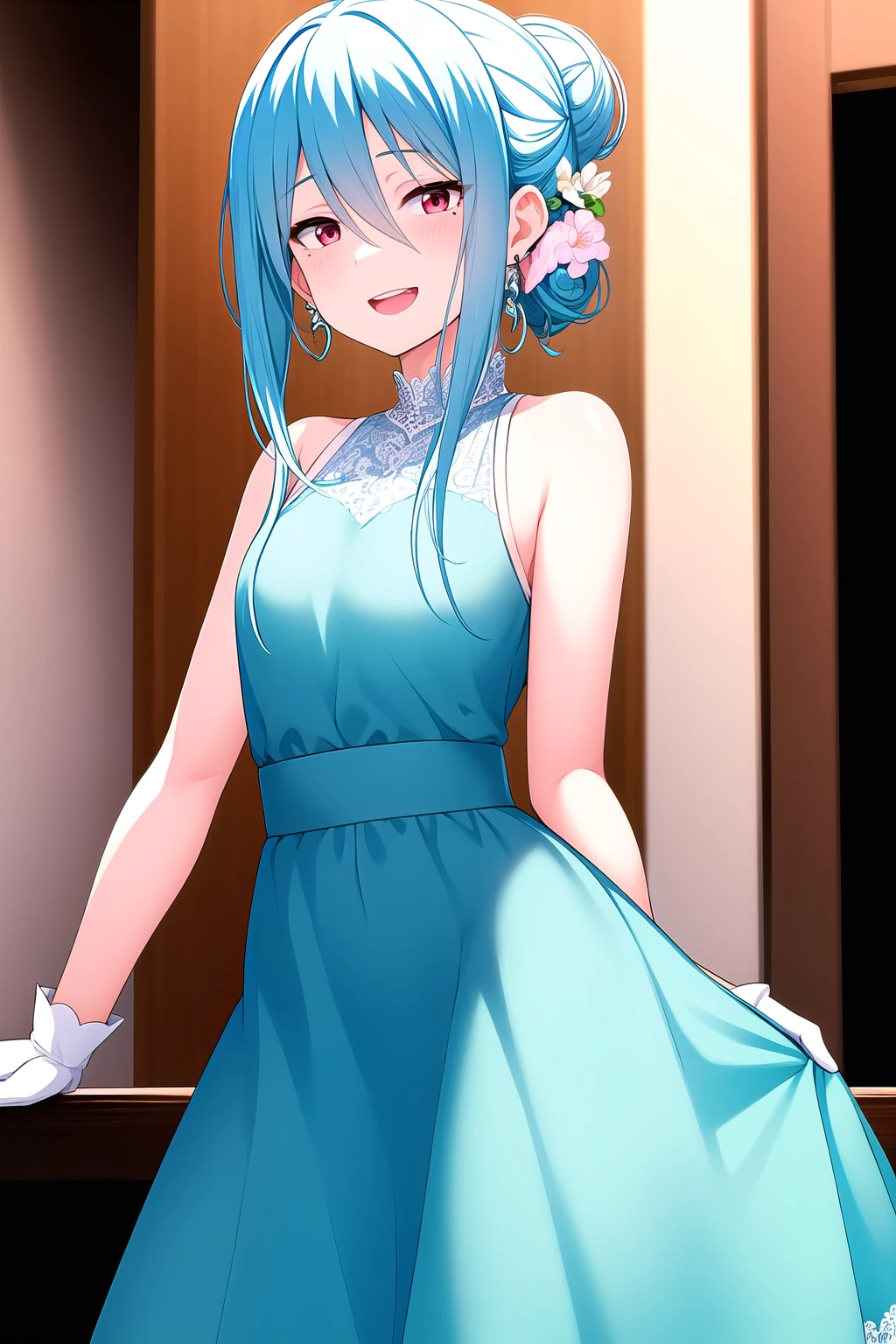 (masterpiece, best quality), highly detailed background, perfect lightingbest quality, kayashimaotome, solo, indoors, light blue hair, single hair bun, half updo, hair flower, hair between eyes, very long hair, red eyes, mole under eye, earrings, jewelry, medium breasts, blue dress, sleeveless dress, white gloves, smile, open mouth, :d, pink lips, <lora:Kayashima-Otome:0.7>