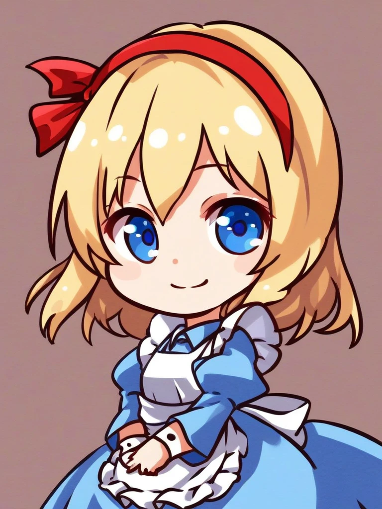 <lora:RenRen_Chibis-PonyXL-1024px:0.9>
score_5, score_6, simple background, 
chibi, 1girl, solo, upper body, long blonde hair, blue eyes, blue dress, white frilly apron, red hairband, detached cuffs, smile