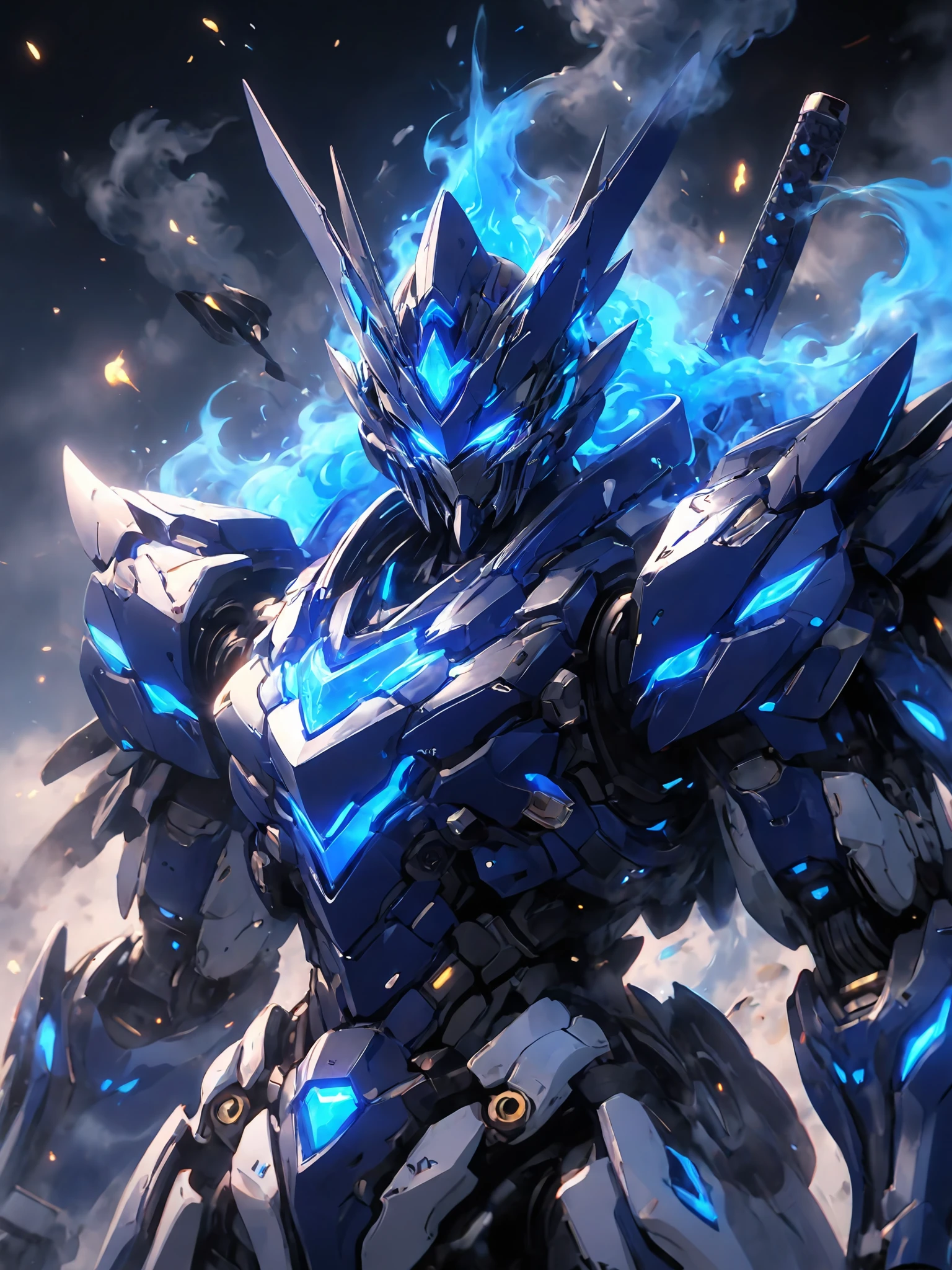 best aesthetic,nijimecha,Tall mecha concept art,upper body,huge blue moon behind,mech has blue flames,official alternate costume,aftermath,smoke,Japanese armor,blue flames,blue sparks,blue smoke,blue theme,no sword,no weaponry,tightly clenched fist,samurai,<lora:p7-nijimecha-000009:0.7>,nijimecha,<lora:Hyper-SDXL-4steps-lora:0.6>,