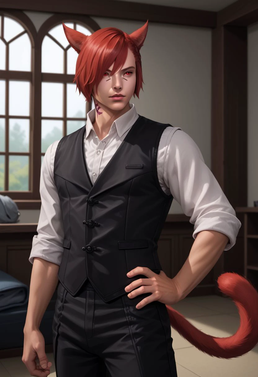 grahatiaffxivdsk, miqo'te, 1boy, male focus, solo, animal ears, cat ears, red hair, cat boy, tail, indoors, cat tail, black pants, short hair, facial mark, pants, shirt, neck tattoo, vest, upper body, white shirt, red eyes, portrait, realistic, hand on hip, holding, holding jacket, sleeves rolled up, hair over one eye, window, jacket removed, black vest  PonyXLV6_Scores