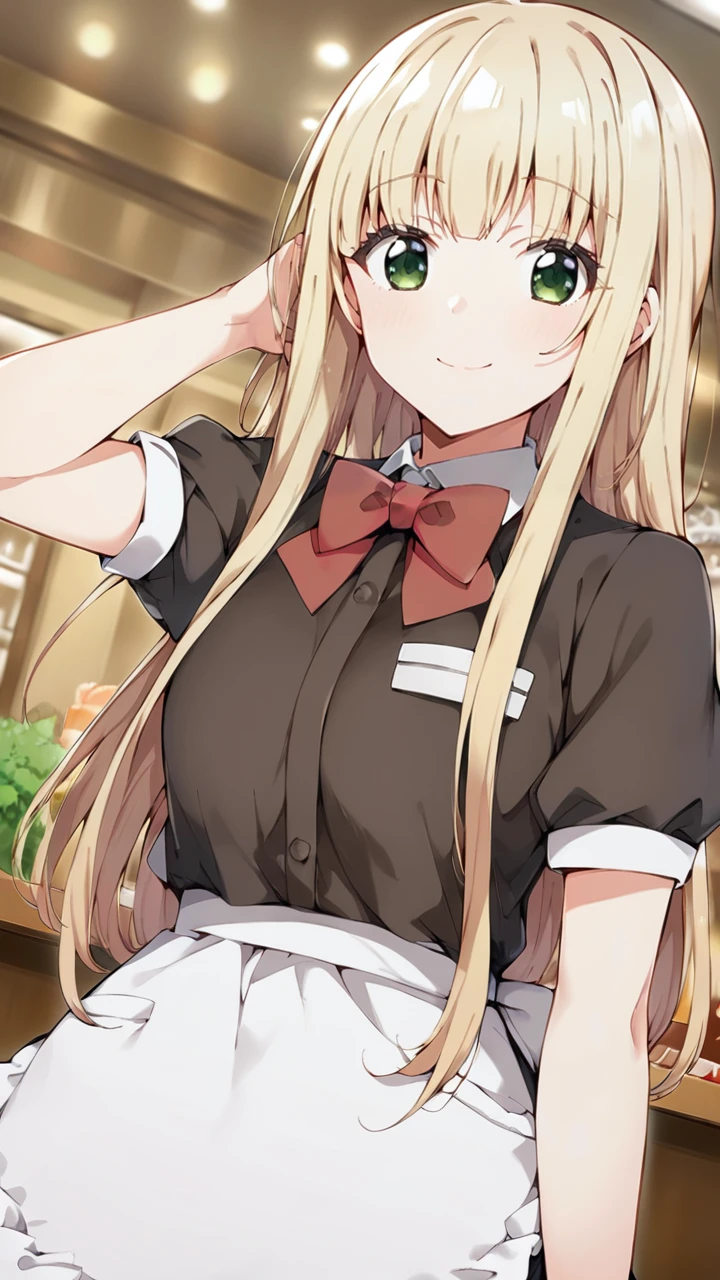 score_9, score_8_up, score_7_up, source_anime, BREAK
1girl, solo, looking at viewer, indoors, dutch angle, restaurant, (smile:0.8),
<lora:Noel_Izumi_v5-soralz:1>,  noel_izumi, blonde hair, long hair, green eyes, sidelocks,
red bowtie, brown shirt, short sleeves, black dress, waist apron, waitress,