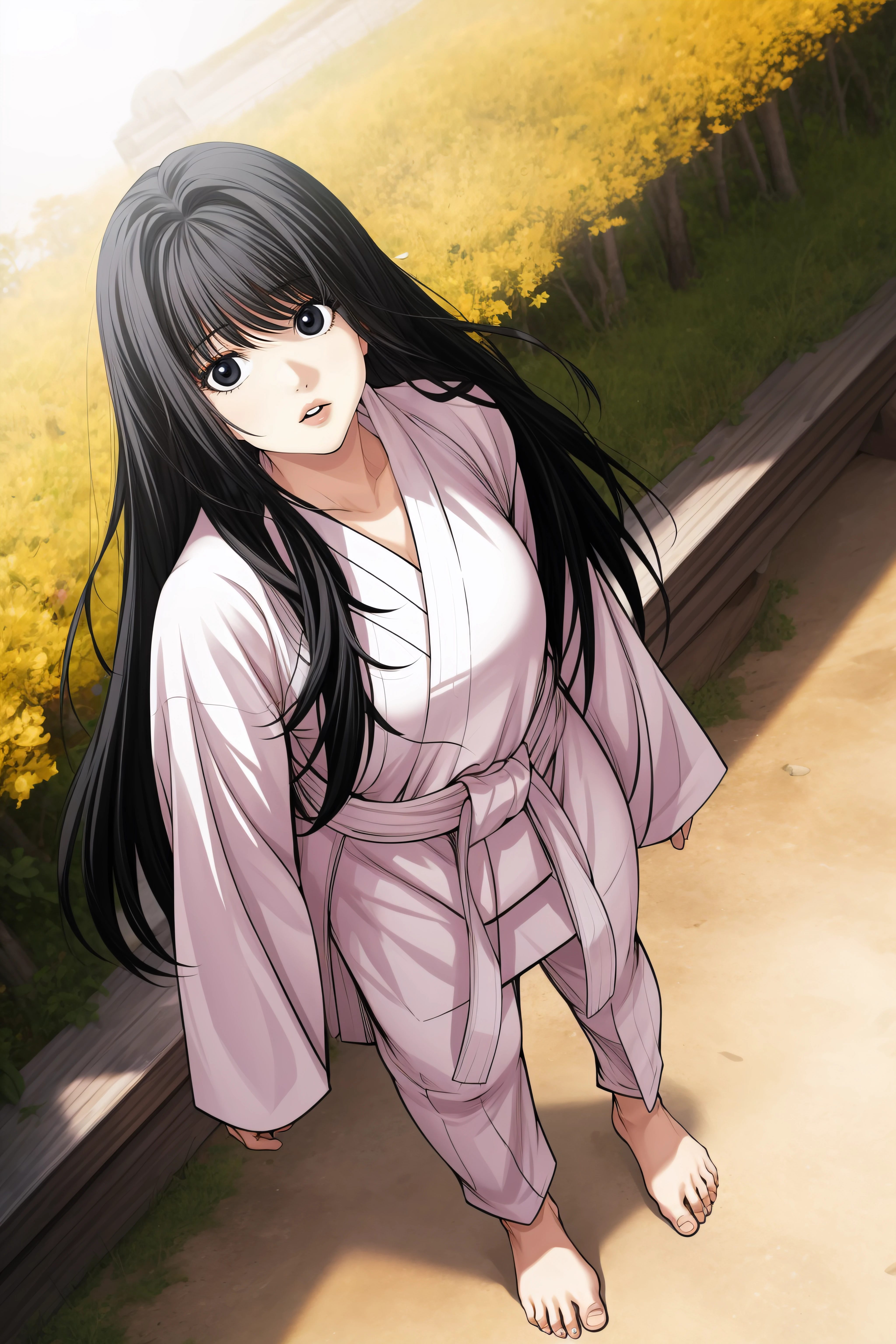 (masterpiece, best quality), <lora:kim sujin-lora-Faxtron:0.8> kim sujin, black eyes, black hair, long hair, medium breasts, white judogi, long sleeves, barefoot, standing, 
<lora:add_detail:0.8>