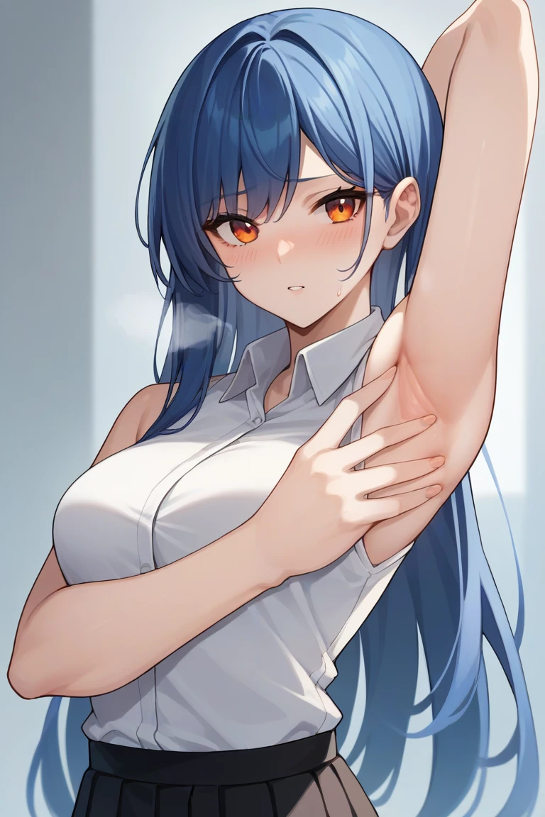 score_9, score_8_up, score_7_up, source_anime,
upper body, solo, 1girl, sexy female, tall female, breasts, blue hair, long hair, open hair, orange eyes, white shirt, sleeveless shirt, collared shirt, black skirt, pleated skirt,
<lora:SpreadArmpitV2-04:1>, spread armpit, (arm up, presenting armpit, fingers on own armpit:1.2), nose blush, heavy breathing,
random background