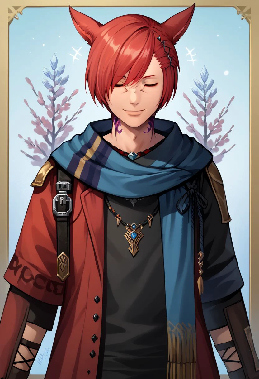 grahatiaffxivdsk, 1boy, male focus, solo, neck tattoo, animal ears, red hair, tattoo, cat ears, miqo'te, short hair, hair over one eye, upper body, scarf, shirt, cat boy, black shirt, closed eyes, blue scarf, jacket, facial mark, hair ornament, smile, swept bangs, long sleeves, PonyXLV6_Scores