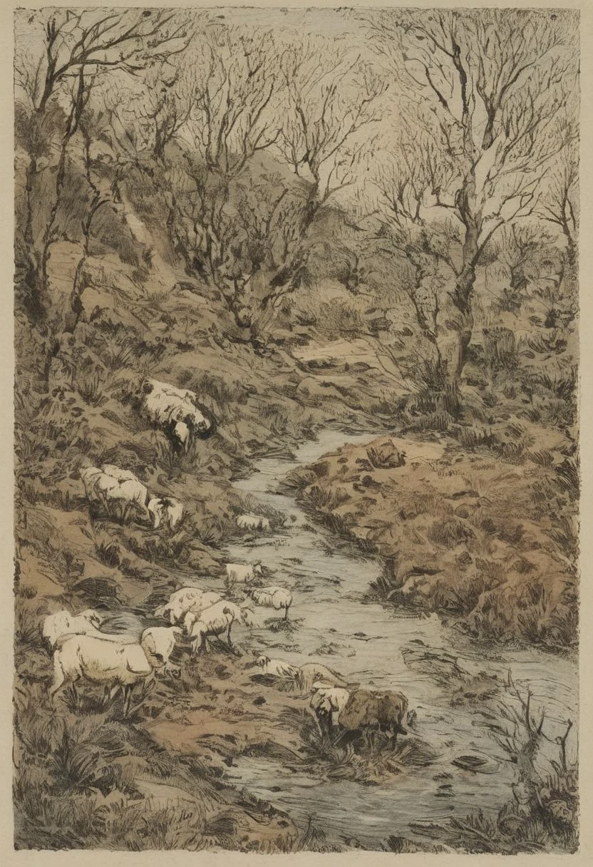 sheepherders side by a brook in the spring