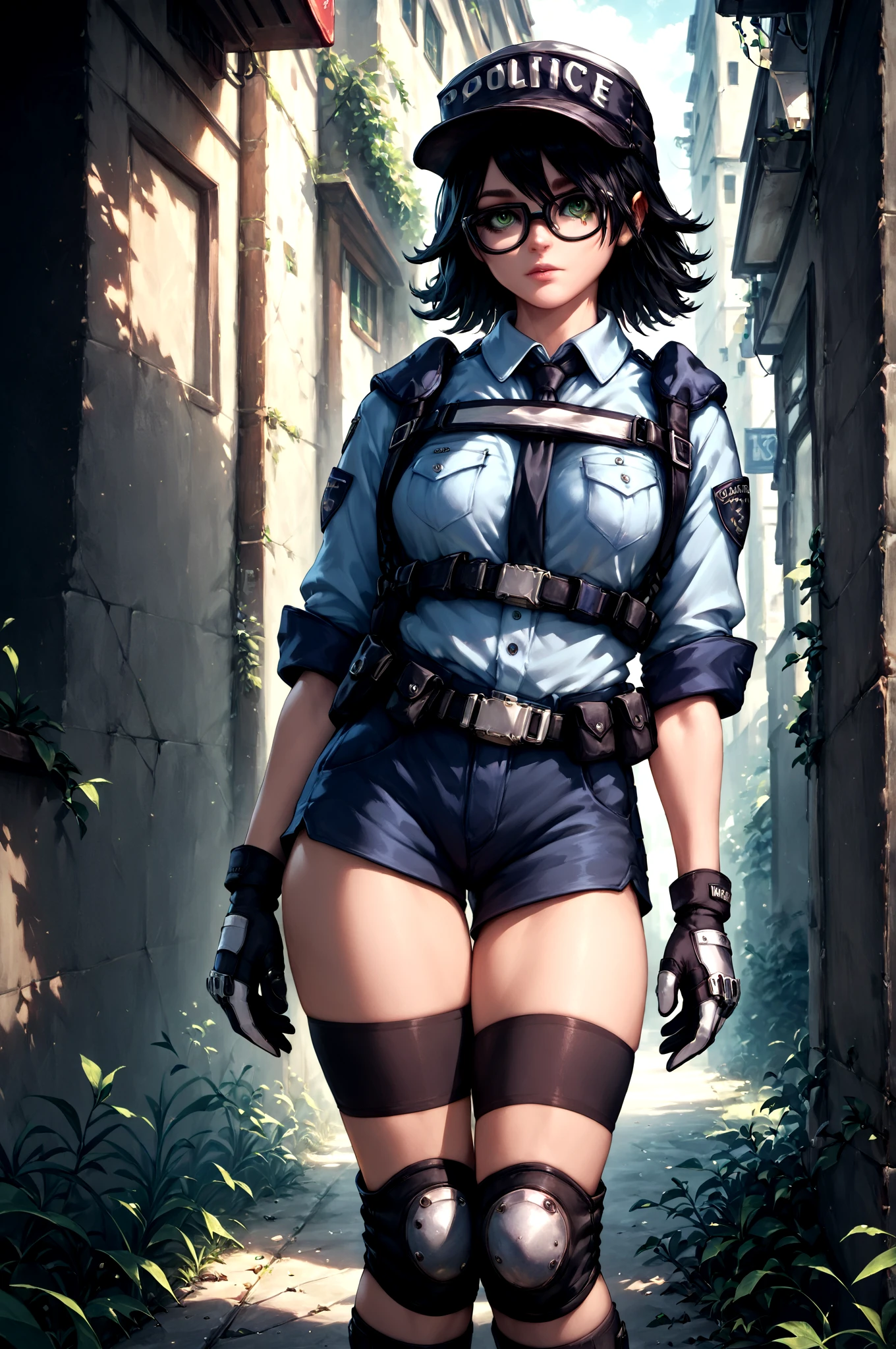 score_9,score_8_up,score_7_up,  <lora:MarieWentz100steps16Dim-000005:0.8> marie_wentz, black_hair, police_uniform, glasses, shorts, knee_pads, green_eyes, thighhighs, gloves, , (high quality, detailed, beautiful)