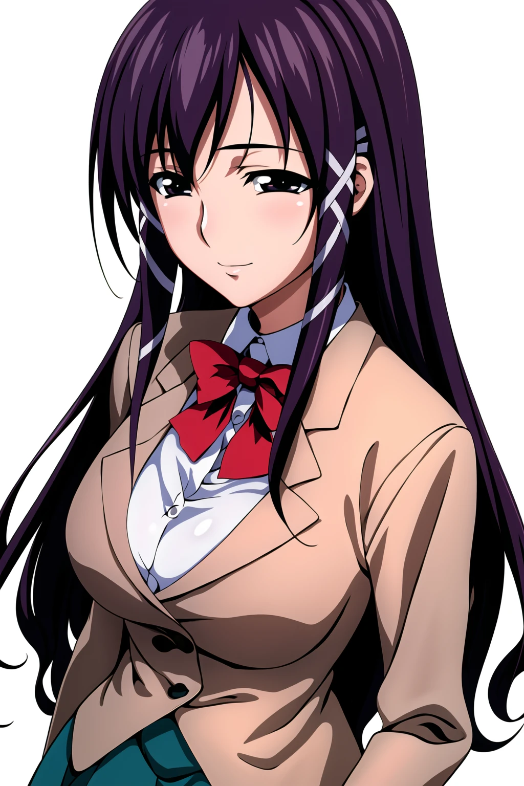 Simple White Background,
dynamic pose,standing at attention,
brown_jacket,Green_pleated_skirt,school uniform,red bowtie,
<lora:Mikako_Satsukitane_LostProperty-KK77-V2:0.7>,
black eyes,purple_hair,Bangs,Long_hair,
<lora:Oda_Non_Style-KK77-V2:0.3>,<lora:more_details:0.1>,<lora:Mikako_Satsukitane_Heaven-KK77-V1:0.3>,
1 girl, 20yo,Young female,Beautiful long legs,Beautiful body,
Beautiful Nose,Beautiful character design, perfect eyes, perfect face,expressive eyes,perfect balance,
looking at viewer,(Focus on her face),closed mouth, (innocent_big_eyes:1.0),(Light_Smile:0.3),
official art,extremely detailed CG unity 8k wallpaper, perfect lighting,Colorful, Bright_Front_face_Lighting,White skin,
(masterpiece:1.0),(best_quality:1.0), ultra high res,4K,ultra-detailed,
photography, 8K, HDR, highres, absurdres:1.2, Kodak portra 400, film grain, blurry background, bokeh:1.2, lens flare, (vibrant_color:1.2),professional photograph,
(Beautiful,large_Breasts:1.4), (beautiful_face:1.5),(narrow_waist),