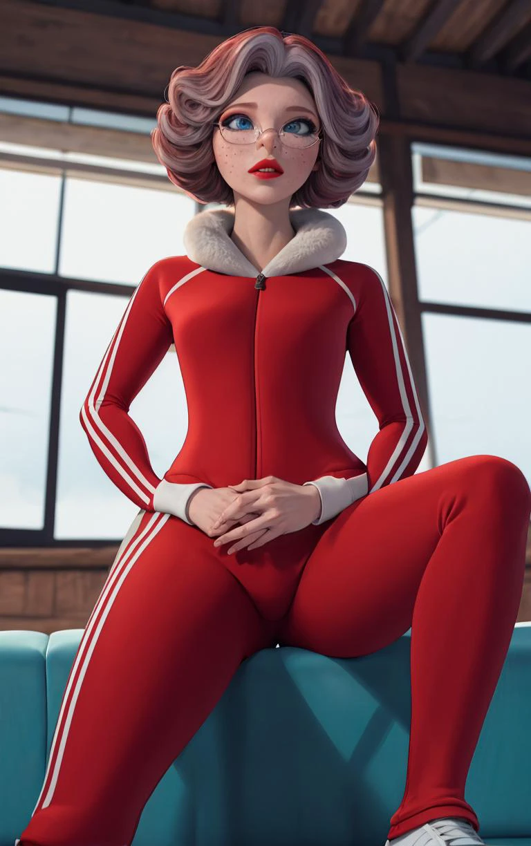 ((masterpiece, best quality)), insaneres, absurdres, solo, looking at viewer,
RedDress_MrsClaus_ownwaifu,
1girl, breasts, multicolored hair, short hair, makeup, red lips, blue eyes, lipstick, glasses, freckles, brown hair, curly hair, pink hair, wide hips, round eyewear, grey hair, lips, old woman, small breasts,
track suit, red jacket, red pants, track pants, long sleeves, fur trim, zipper, red dress, striped pants,
(sitting, spread legs), couch, window shade, <lora:CARTOON_Ellio_MrsClaus_ownwaifu:0.9>,
depth of field, light particles,