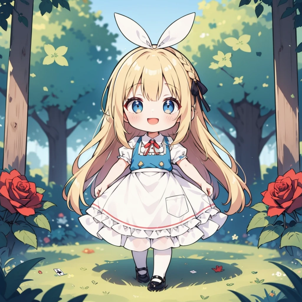 1girl,chibi,blonde hair,solo,blue eyes,dress,shoes,long hair,card,flower,apron,short sleeves,smile,playing card,outdoors,pantyhose,blue dress,full body,shirt,tree,looking at viewer,standing,white apron,puffy sleeves,black footwear,white shirt,alice (alice in wonderland),red flower,blush,ribbon,open mouth,bow,rose,hair ribbon,frills,mary janes,:d,frilled dress,white pantyhose,bangs,very long hair,puffy short sleeves,red rose,pinafore dress,blurry,day,braid,frilled apron,waist apron,nature,collared shirt,