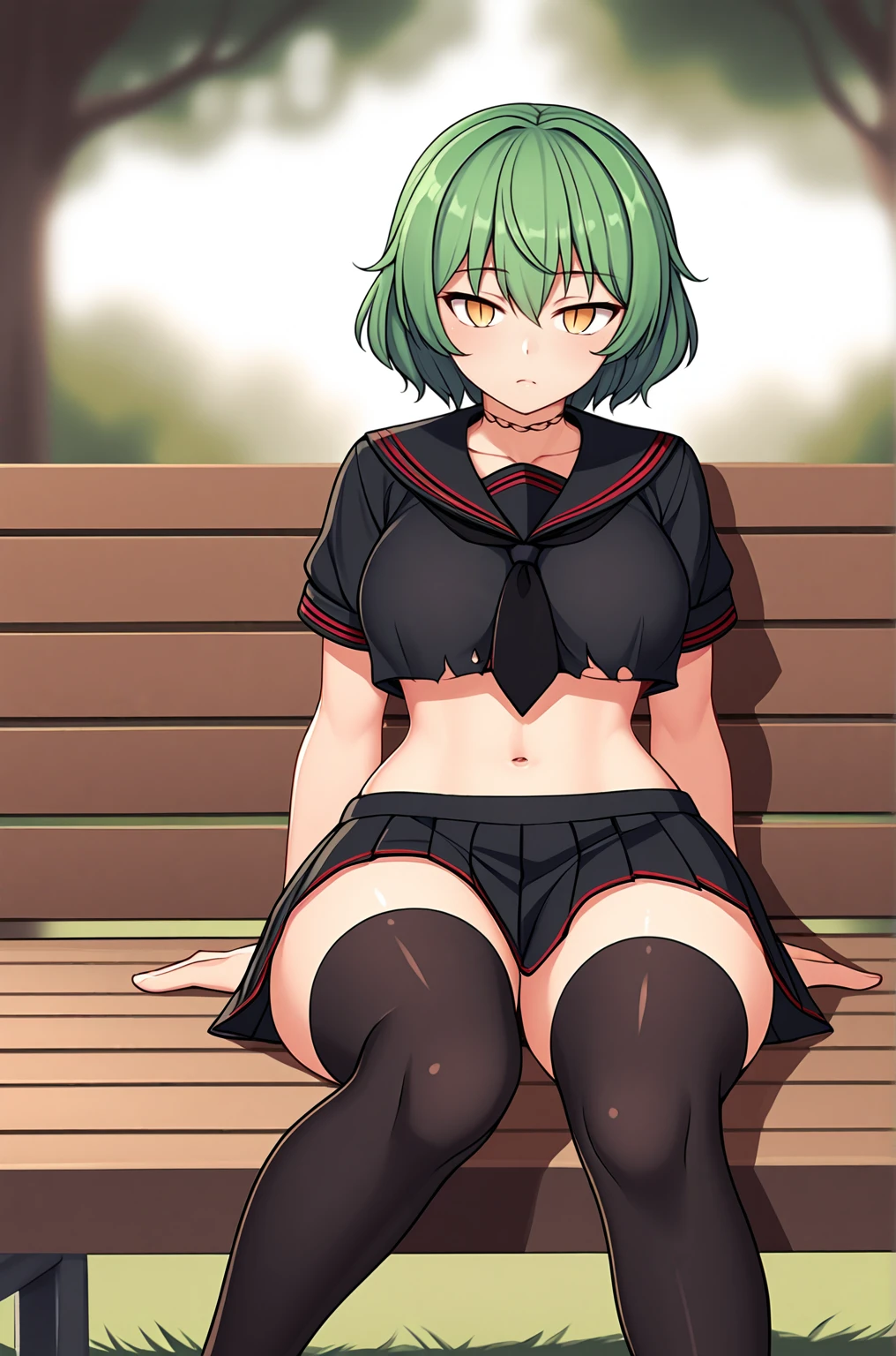 anime artwork, score_9, score_8_up, score_7_up, score_6_up, score_5_up, score_4_up, source_anime, BREAK, thick outline, fat outline,
Hikage_XL, yellow eyes, slit pupils, green hair, short hair, large breasts, neck tattoo, BREAK, Hikage_hebijo, school uniform, black sailor collar, black tie, black serafuku, black shirt, black skirt, pleated skirt, crop top, short sleeves, black legwear, brown loafers, ripped clothes, BREAK, sitting on a bench, seductive, evening, setting sun, bokeh,
<lora:Hikage_XL_r1:0.7>
<lora:PersonalAmi_PonyXL:1.0>