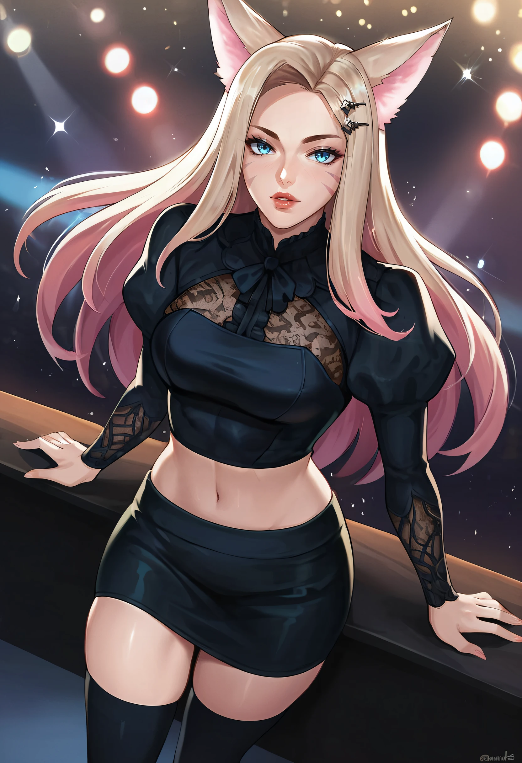 <lora:ahribaddest:0.8> ahribaddest, fox ears, whisker markings, hairclip, long sleeves, puffy sleeves, midriff, crop top, thighhighs, black skirt, lips, stage, stage lights, looking at viewer, from above,, score_9, score_8_up, score_7_up, score_6_up, score_5_up, score_4_up, rating_questionable, source_anime, BREAK