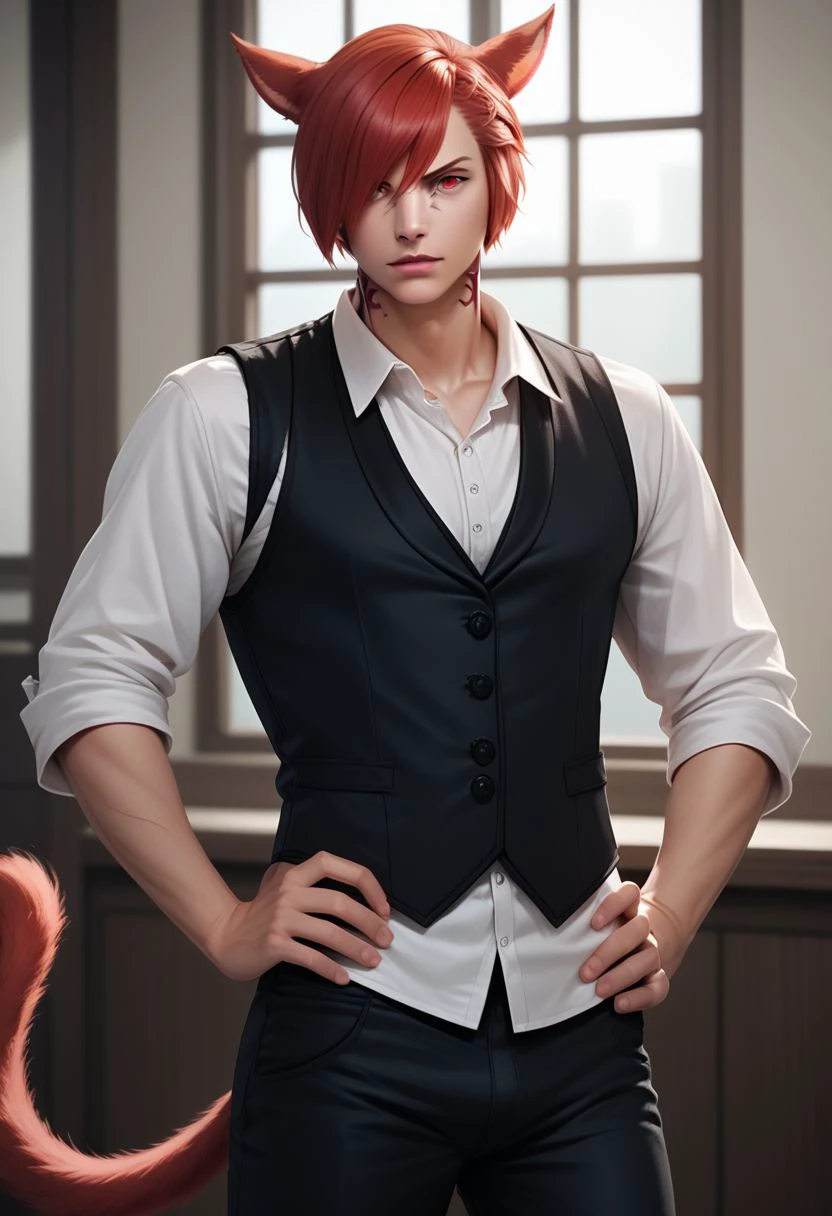 grahatiaffxivdsk, miqo'te, 1boy, male focus, solo, animal ears, cat ears, red hair, cat boy, tail, indoors, cat tail, black pants, short hair, facial mark, pants, shirt, neck tattoo, vest, upper body, white shirt, red eyes, portrait, realistic, hand on hip, holding, holding jacket, sleeves rolled up, hair over one eye, window, jacket removed, black vest  PonyXLV6_Scores zPDXL