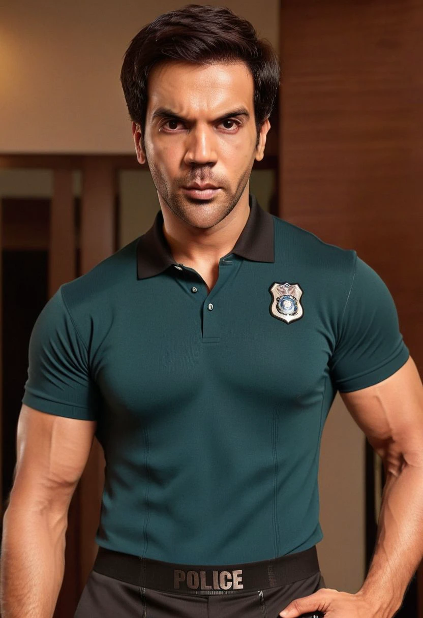 Ultra-detail, (highres:1.1), best quality, (masterpiece:1.3), DJ AM Villanueva a man <lora:rajkummar-rao_DJ-AM:1>, skinny muscled, modern haircut, dynamic posture, ((wearing police polo shirt)), dramatic angle, full-body from above looking away,