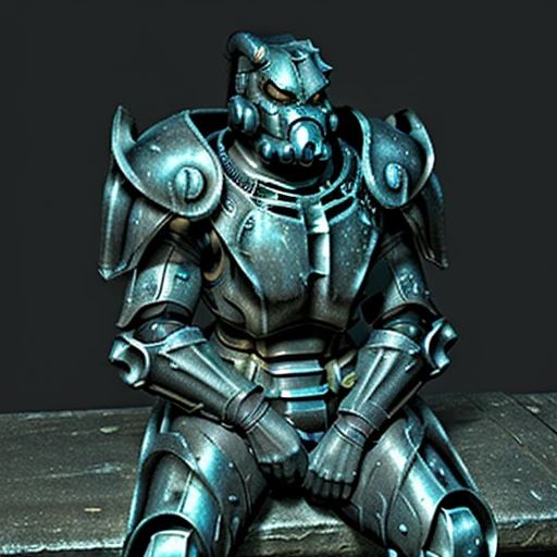 sitting, full armor, black background, 1boy, male focus, shoulder armor, pauldrons, science fiction, helmet