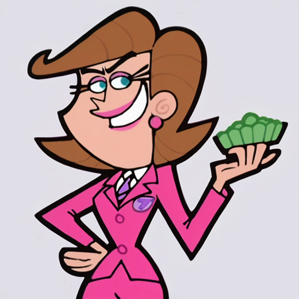 score_9, score_8_up, score_7_up, score_6_up, score_5_up, score_4_up, (Source the fairly oddparents), (rating safe), <lora:TimmysmomXL:1>, 1girl, solo, smile, blue eyes, simple background, white background, holding, jewelry, earrings, necktie, teeth, pants, grin, hand on hip, makeup, transparent background, formal, suit, lipstick, pink pants, mrs.turner, brown hair, pink lipstick, eyelashes