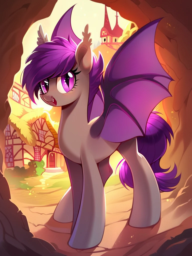 score_9, score_8_up, score_7_up, score_6_up, score_5_up, score_4_up, source_pony, feral, Nolegs_PonyXL, 1girl, solo, (bat pony, gray skin, purple eyes, purple hair, purple tail), ponyville, detailed face, detailed eyes, crisp, detailed background, <lora:nolegs-v1:1>
