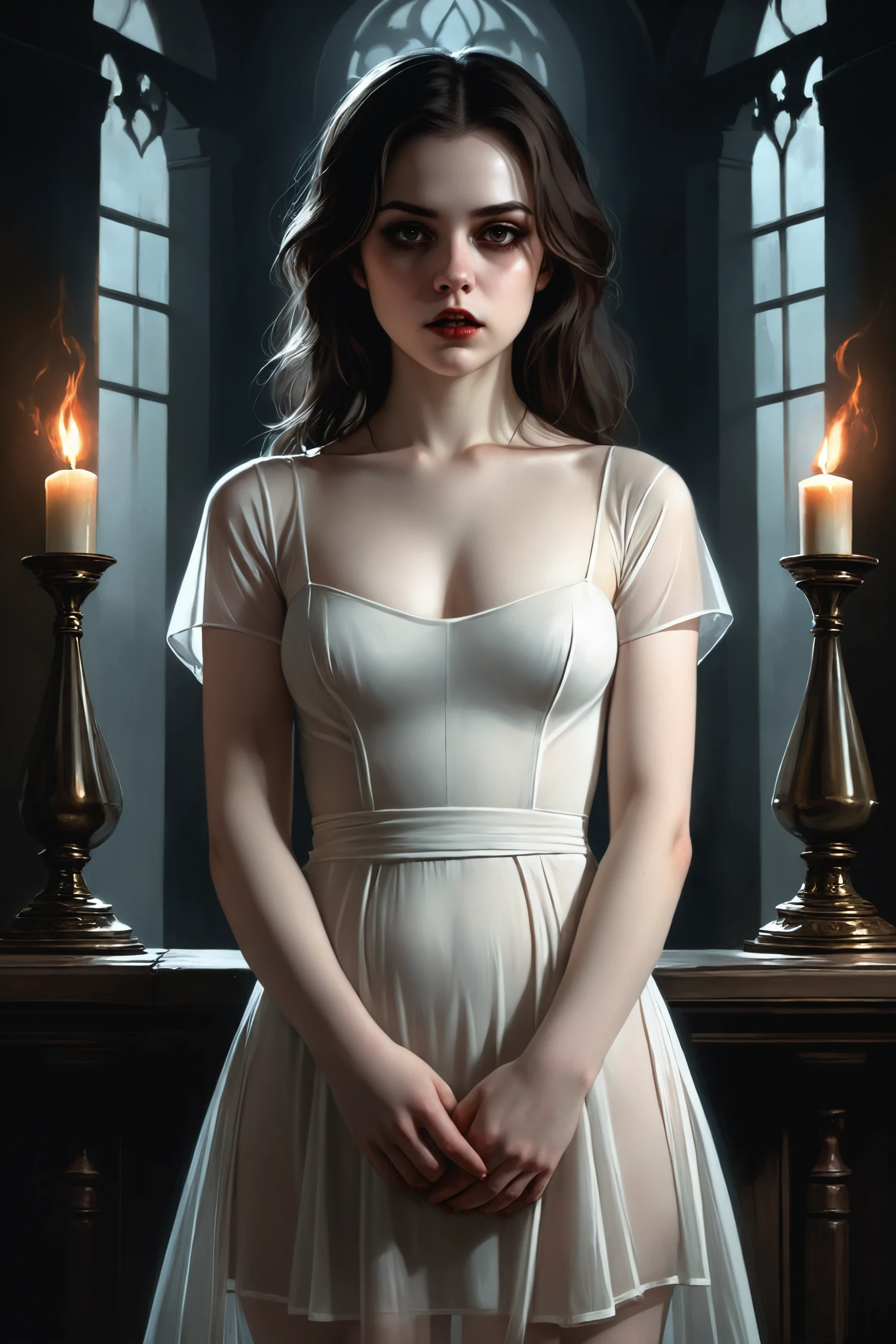 1girl, photo of possessed girl, wearing an old white dress, transparent dress, demonic, evil, sinister, horror, dirty, filthy, pale skin, tiny breasts, hourglass figure, wide hips, moody lighting, from the front,
holistic,
amazing, masterpiece, digital painting, medium shot, , focused, , analytical art, detailed,