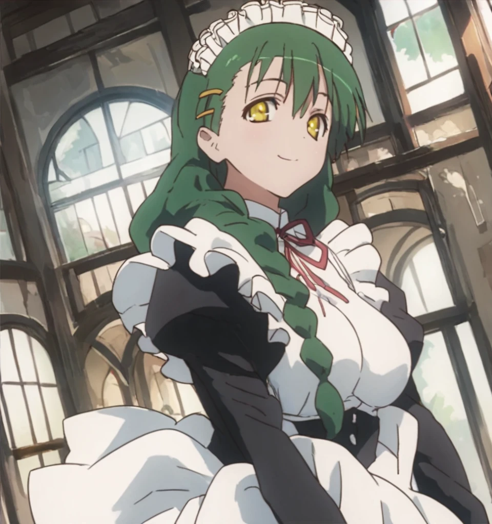 <lora:SanaeShikikagamiPony1.0:1> green hair, 1girl, maid, sanae_shikikagami, solo,  maid headdress, long hair, braid, hairclip, yellow eyes, breasts, looking at viewer, smile,, score_9, score_8_up, score_7_up, score_6_up, score_5_up, score_4_up