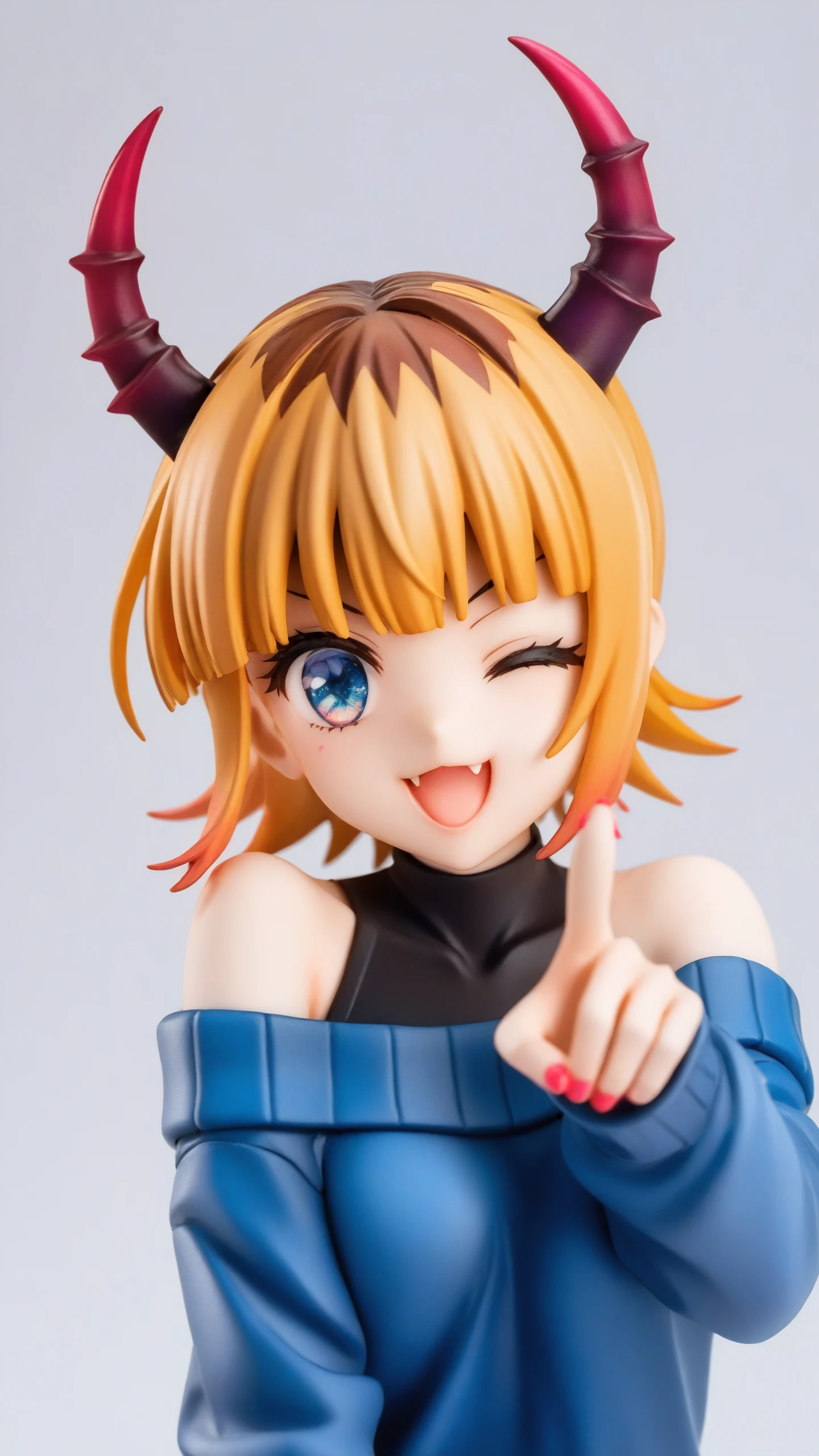 (score_9,score_8_up,score_7_up),source_anime,
1girl,demon_horns,solo,upper_body,fang,blonde_hair,multicolored_hair,short_hair,roots_\(hair\),highres,:3,black_shirt,blue_eyes,blue_sweater,commentary,covered_collarbone,grey_background,long_sleeves,looking_at_viewer,memcho,nail_polish,off_shoulder,one_eye_closed,open_mouth,pink_nails,pointing_at_self,simple_background,sleeveless_shirt,<lora:oshi_no_ko:1>,