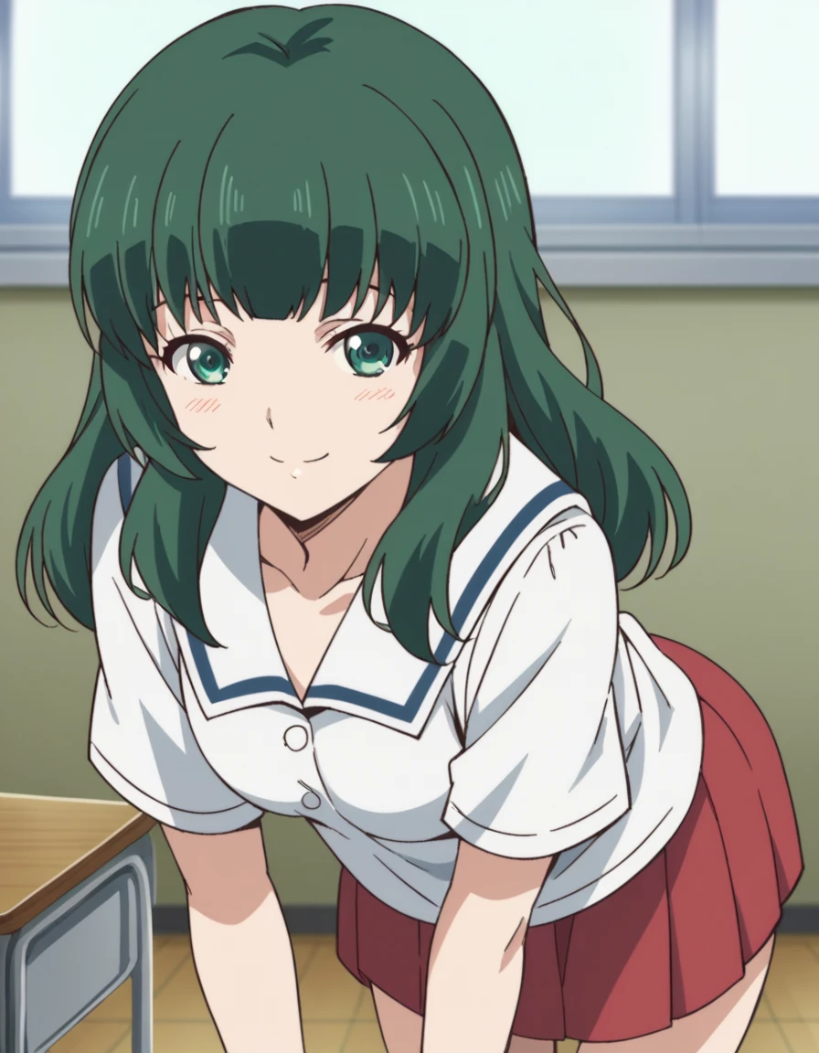 score_9, score_8_up, score_7_up, source_anime,
miuashihara, <lora:miu-ashihara-s1-ponyxl-lora-nochekaiser:1>,
miu ashihara, long hair, bangs, green eyes, green hair,
shirt, school uniform, white shirt, short sleeves, serafuku, sailor collar, skirt, red skirt,
indoors, classroom, bent over, smile,
looking at viewer, cowboy shot, dutch angle, solo,
