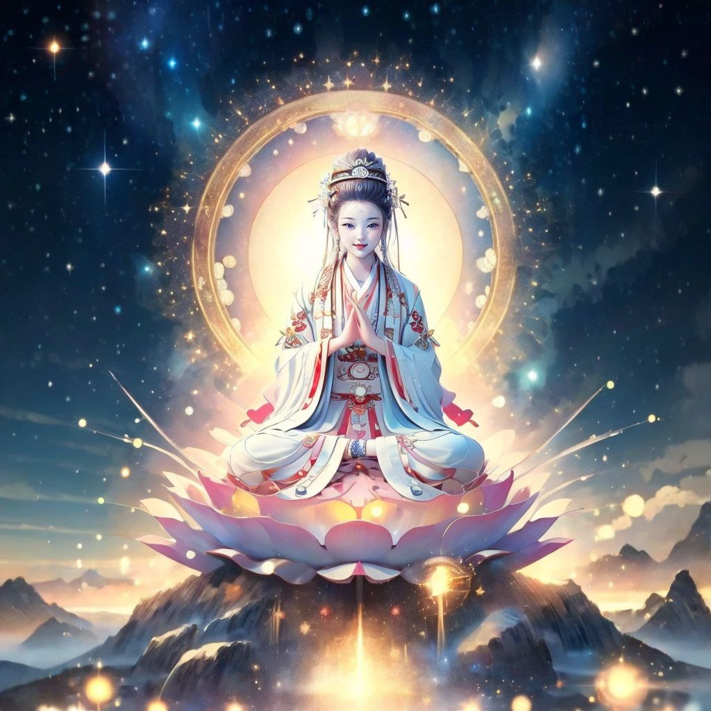 ((best quality)), ((masterpiece)),((1girl,smirk)),sitting,
<lora:pasguanv1:0.789>,(guanyin),
,hanfu,
starry sky