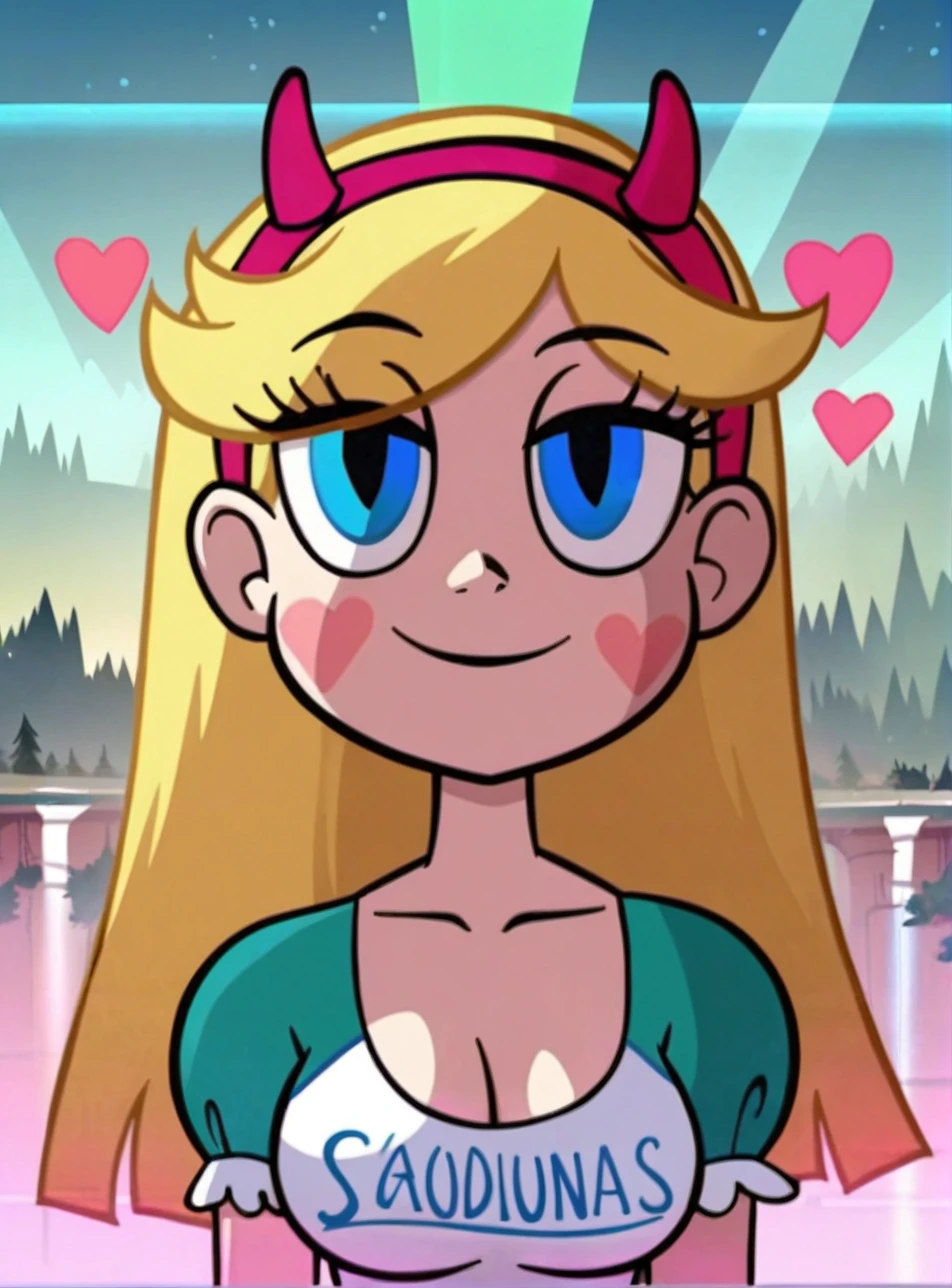 score_9, score_8_up, score_7_up,StaButty, a blonde white girl with a red headband,looking at viewer,highly detailed, intricate texture, cinematic lighting, vibrant colors, realistic,big breasts,masterpiece,blue eyes,best quality, 8k, detailed skin texture, beautiful detailed face, intricate details, ultra detailed, cinematic light, ultra high res, 8k uhd, delicate,thin,shirt,cleavage, young woman,laughting,sexy, Gorgeous princess,natural breasts, perfect anatomy,(heart shape tatoo on face:1.2), curvy, sexy, full body, shapely body, <lora:StaButty_XL_Pony:0.8>,legs,cute,Harmonious,day light