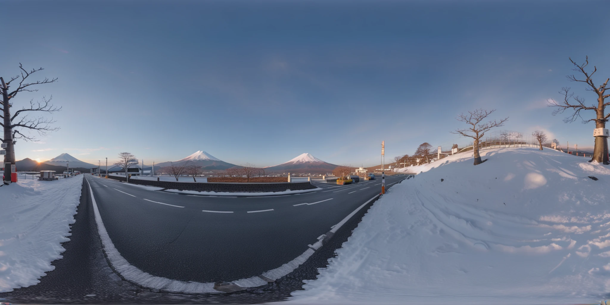 hd,2k,detailer,Create a realistic VR360-style image featuring a tranquil and picturesque landscape with Mount Fuji in the background, covered in snow. In the foreground, a straight and empty road extends towards the mountain, offering a clear view of its snowy peak. Surrounding the road are a few low-rise buildings. The image should focus prominently on Mount Fuji, capturing a significant portion of the scene. The setting sun casts a warm, reddish hue over Mount Fuji, enhancing the serene atmosphere of the evening. <lora:sanbaro_V2:0.9>