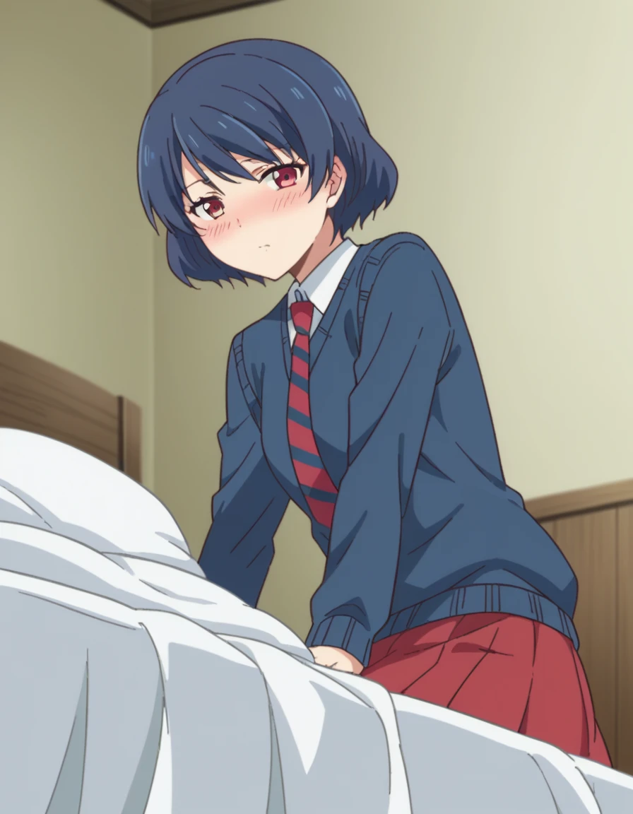score_9, score_8_up, score_7_up, source_anime,
ruitachibana, <lora:rui-tachibana-s1-ponyxl-lora-nochekaiser:1>,
rui tachibana, short hair, red eyes, blue hair,
skirt, school uniform, necktie, striped, red skirt, striped necktie, sweater, blue sweater,
indoors, bed, bed room, on side, blush, drunk,
looking at viewer, cowboy shot, dutch angle, solo,