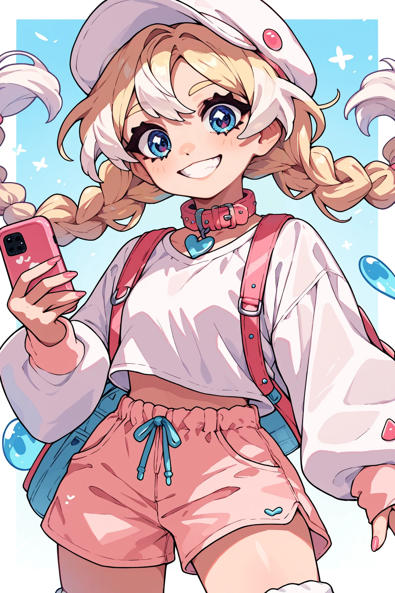  moiroo, 1girl, solo, smile, twin braids, white headwear, blonde hair, phone, white hair, :3, collar, shorts, pink nails, blue eyes, loose socks looking at viewer, cowboy shot, dutch angle, white background,  <lora:Momoiiroo:1>