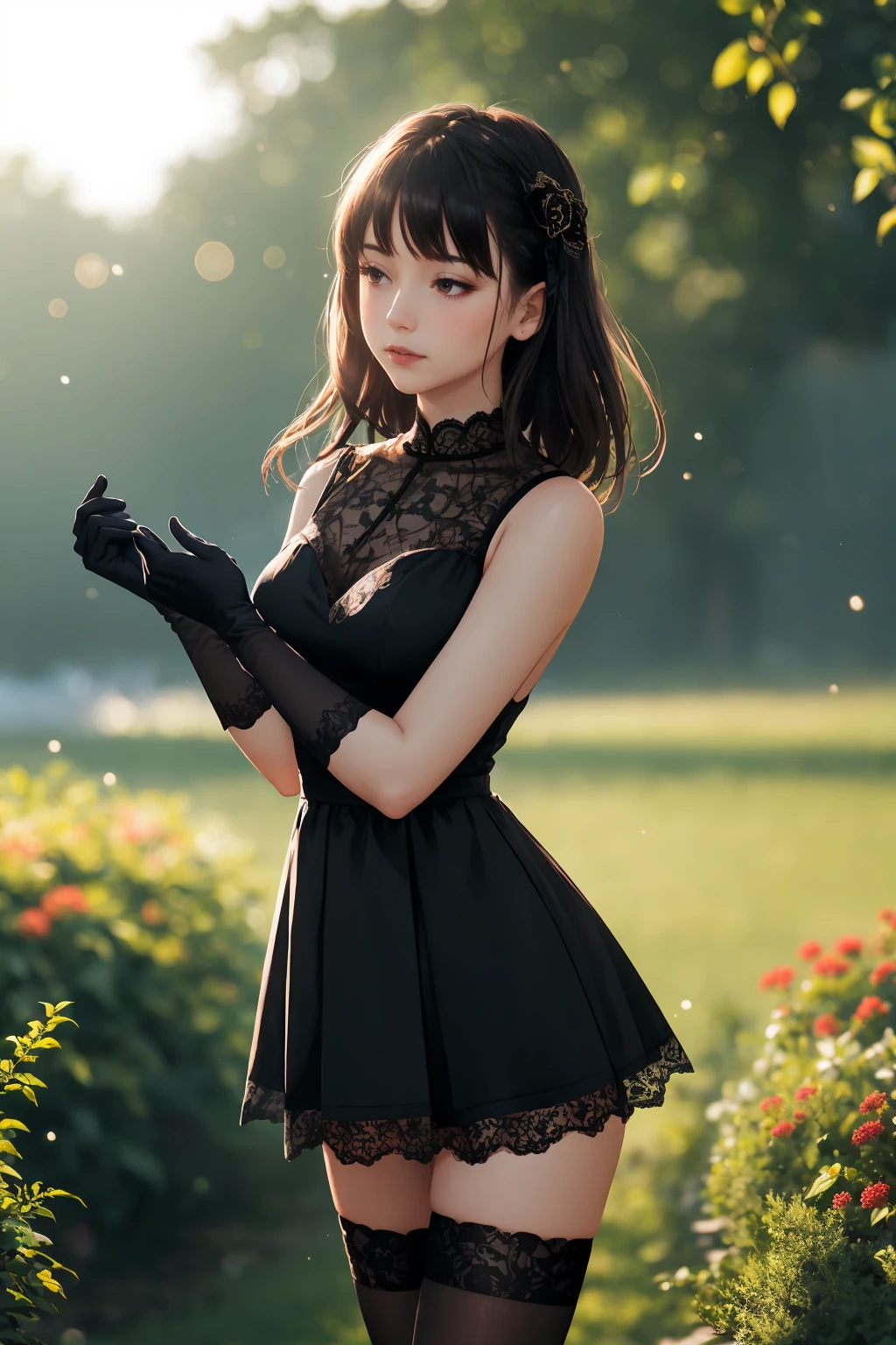 1girl, black lace sleeveless dress, black lace elbow gloves, black lace thighhighs, (blurry background, blurry foreground, depth of field, ambient lighting, volumetric lighting:1.3), outdoors, garden, fog, morning, sunlight, lens flare