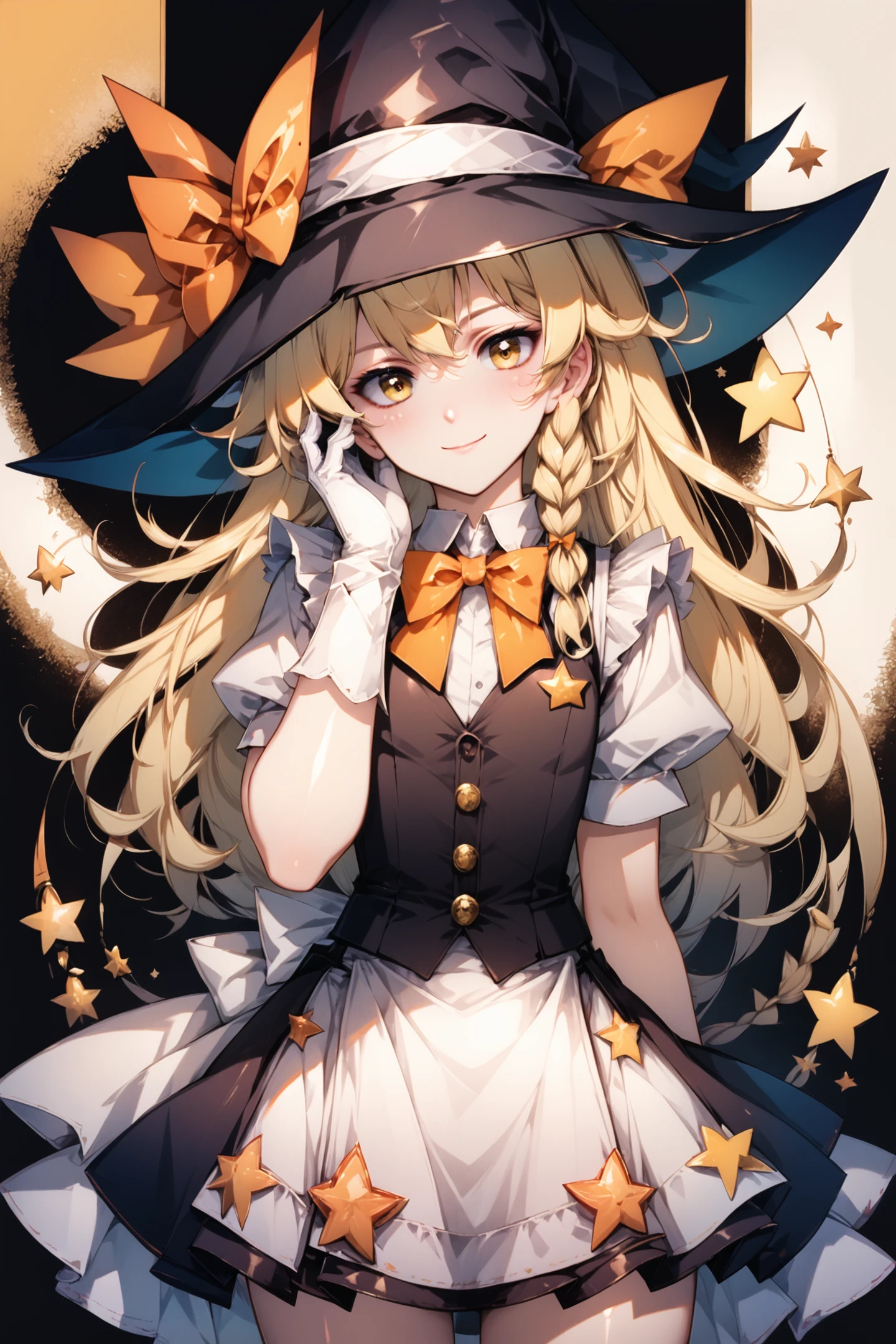 1girl,solo,kirisame marisa,hat,blonde hair,long hair,gloves,braid,witch hat,star (symbol),bow,yellow eyes,looking at viewer,short sleeves,single braid,white gloves,puffy sleeves,hat bow,puffy short sleeves,apron,black background,side braid,orange bow,vest,cowboy shot,black headwear,dress,closed mouth,frills,smile,skirt,adapted costume,waist apron,hair bow,hand on own face,ribbon,bowtie,shirt,blush,score_9,score_8_up,<lora:flyx3_XL_PONY:1>,