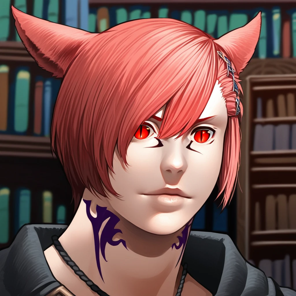 grahatiaffxivdsk, animal ears, miqo'te, solo, cat ears, red eyes, short hair, neck tattoo, red hair, tattoo, slit pupils, portrait, male focus, facial mark, cat boy, androgynous, hair ornament, bookshelf, 1boy, lips, bangs