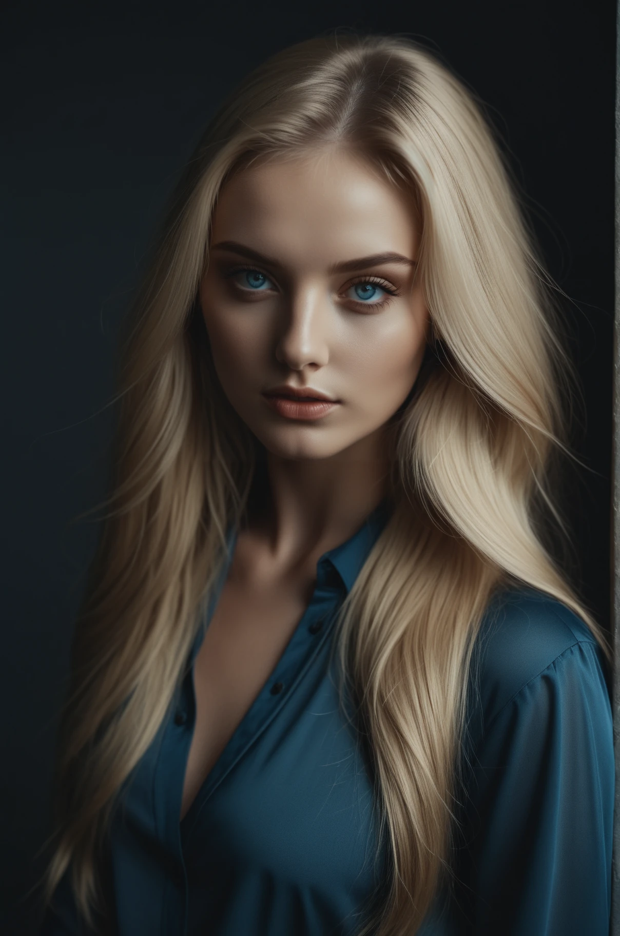 The most beautiful german girl in the World, 24 years old, long blond hair, blue eyes, Studio Shooting, photo in the style of Alessio Albi, cinematic composition, cinematic lighting,