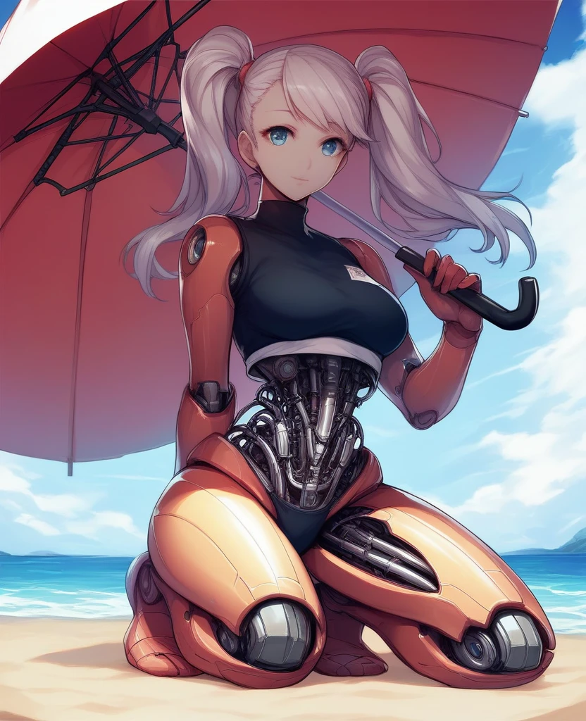 score_9, score_8, score_7, score_6, score_5, <lora:damaged_robot:0.8>, woman, robot, [8rj], kneeling, (looking at viewer), broken belly, cracked legs, beach, parasol, twintails