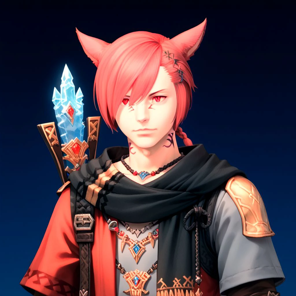 grahatiaffxivdsk, animal ears, male focus, 1boy, solo, miqo'te, red hair, red eyes, cat ears, short hair, gloves, scarf, fingerless gloves, upper body, slit pupils, black scarf, bangs, hair over one eye, hair ornament, x hair ornament, jewelry, crystal, facial mark, cat boy, short ponytail, swept bangs, staff, braid, braided ponytail, necklace PonyXLV6_Scores