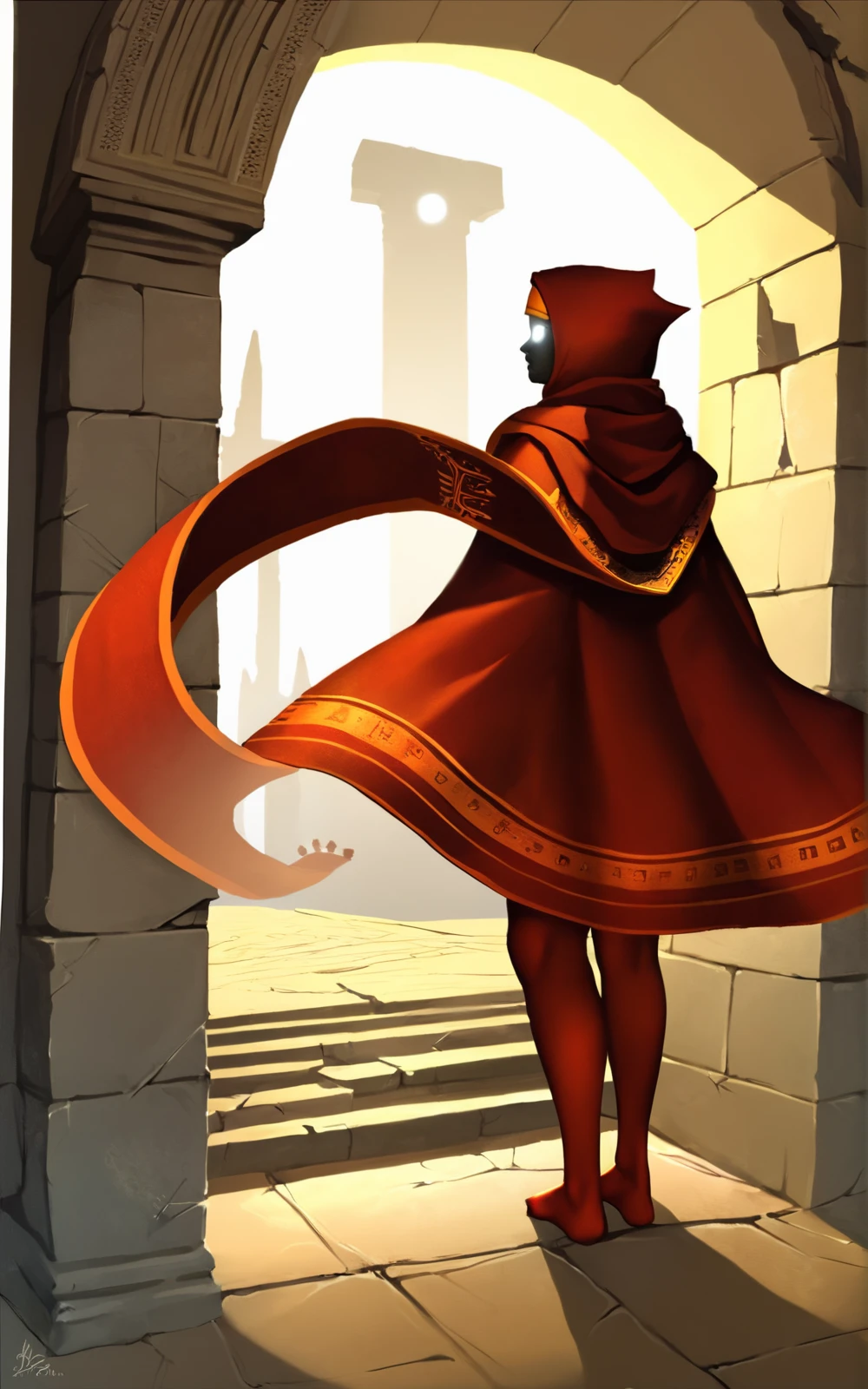 score_9, score_8_up, score_7_up,((masterpiece,best quality)), absurdres,((full body)),<lora:3d-2d:0.8>, <lora:TravelerSDXL:0.8>,TravelerSDXL,hooded cloak,hood,hood up, robe, black skin,red thighhighs,tall,((scarf,featureless feet,standing)), dessert, ruins,sun,rear view,human,open cloack , wind,headband , golden headband,white eyes,blank eyes,human