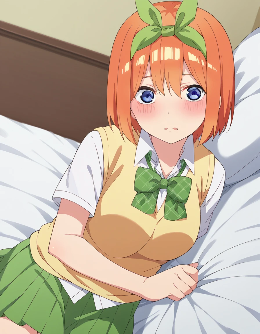 score_9, score_8_up, score_7_up, source_anime,
yotsubanakano, <lora:yotsuba-nakano-s2-ponyxl-lora-nochekaiser:1>, 
yotsuba nakano, bangs, short hair, blue eyes, hair between eyes, hair ribbon, hairband, orange hair, green ribbon, mature female,
skirt, shirt, bow, ribbon, school uniform, white shirt, short sleeves, pleated skirt, collared shirt, miniskirt, bowtie, kneehighs, green skirt, green bow, sweater vest, green ribbon, yellow sweater vest,
indoors, bed, bed room, on side, blush, drunk,
looking at viewer, cowboy shot, dutch angle, solo,