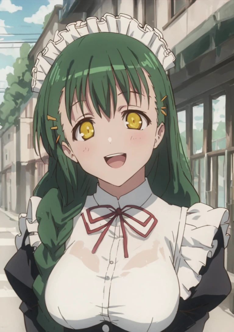 <lora:SanaeShikikagamiPony1.0:1> green hair, 1girl, maid, sanae_shikikagami, solo, outdoors,open mouth, maid headdress, long hair, braid, hairclip, yellow eyes, breasts, looking at viewer, smile,score_9, score_8_up, score_7_up, score_6_up, score_5_up, score_4_up